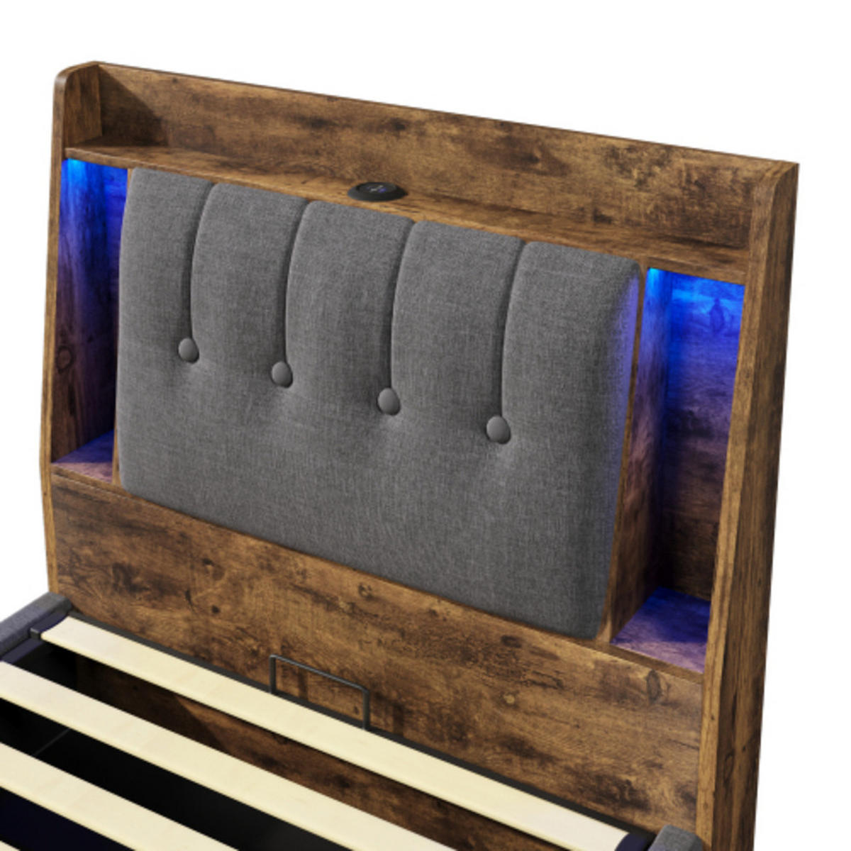 POLSTERBETT 90 × 200 cm mit Leinenbezug, Klapp-Staufach, beidseitiger LED-Leiste und USB/Typ-C Ladeanschluss, grau - Grau, Textil (90/200cm) - Luhomfu
