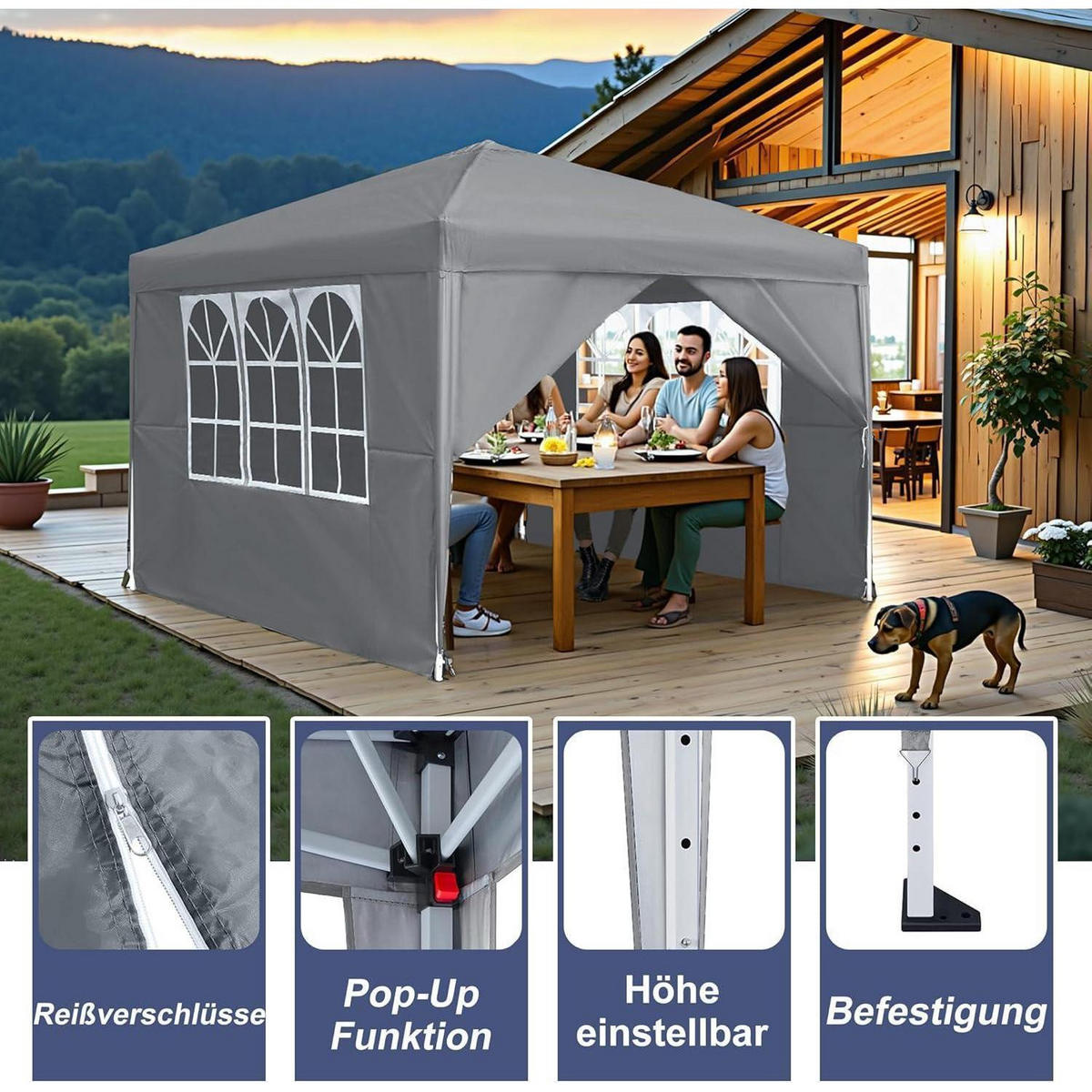 GARTENPAVILLON 300 x 300 cm Grau mit 4 Seitenteilen und Fenstern - Grau, Textil (300/260/300cm)