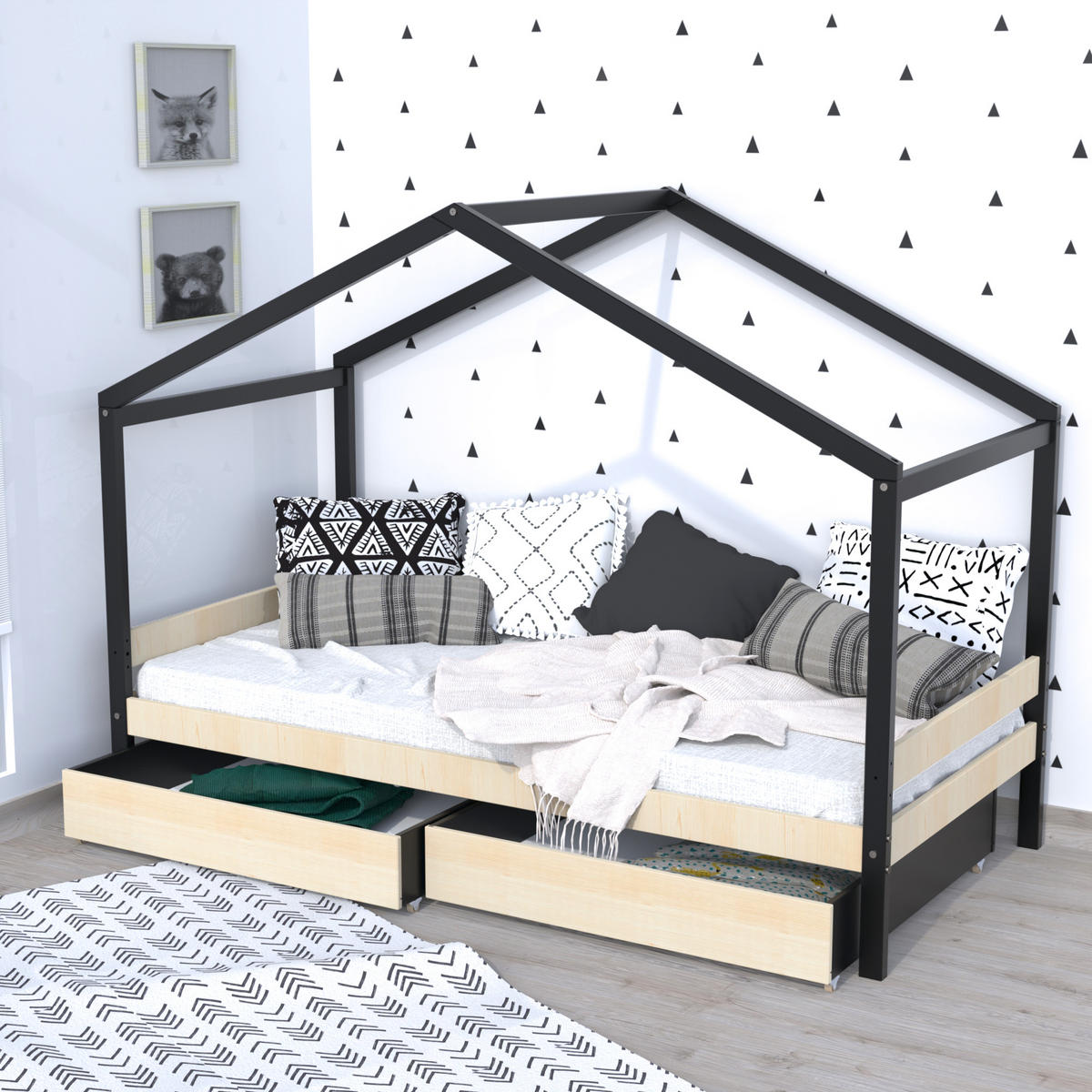 HAUSBETT ETOILE/ SPIELBETT 90x190 + 2 Schubladen - Schwarz und Naturholz - Multicolor, Holz/Holzwerkstoff (90/190cm) - Weber Industries