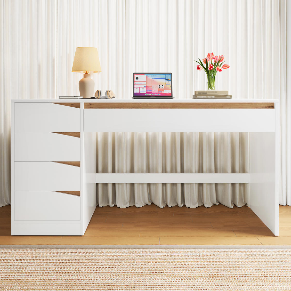 SCHREIBTISCH 5 Schubladen Weiß Eiche Computertisch - Weiß, Holzwerkstoff (50/140/78cm) - FLIEKS