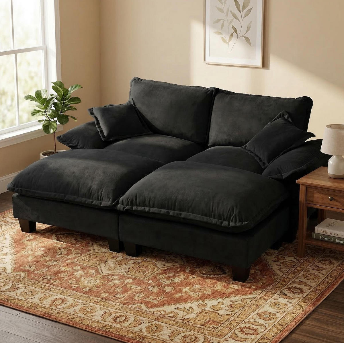 SOFA modular mit 2 Ottomanen ca. 194x151 cm Chenille Black - Schwarz, Holzwerkstoff (151/90/194cm) - Meubliv