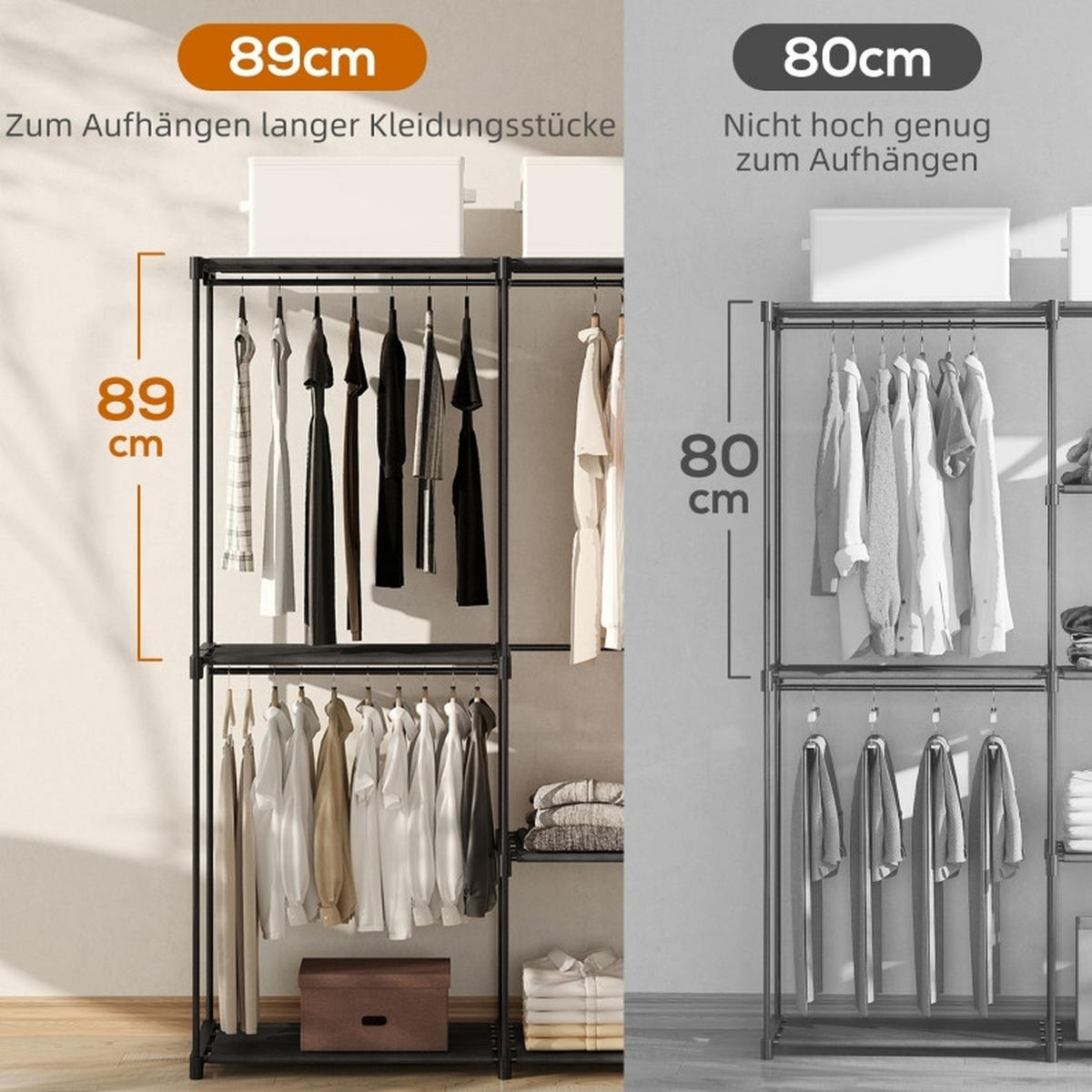 STOFFSCHRANK mit Kleiderstangen & 6 Ablagen, 111/43/185 cm, Schwarz - Schwarz, Metall (43/185/111cm) - Redom