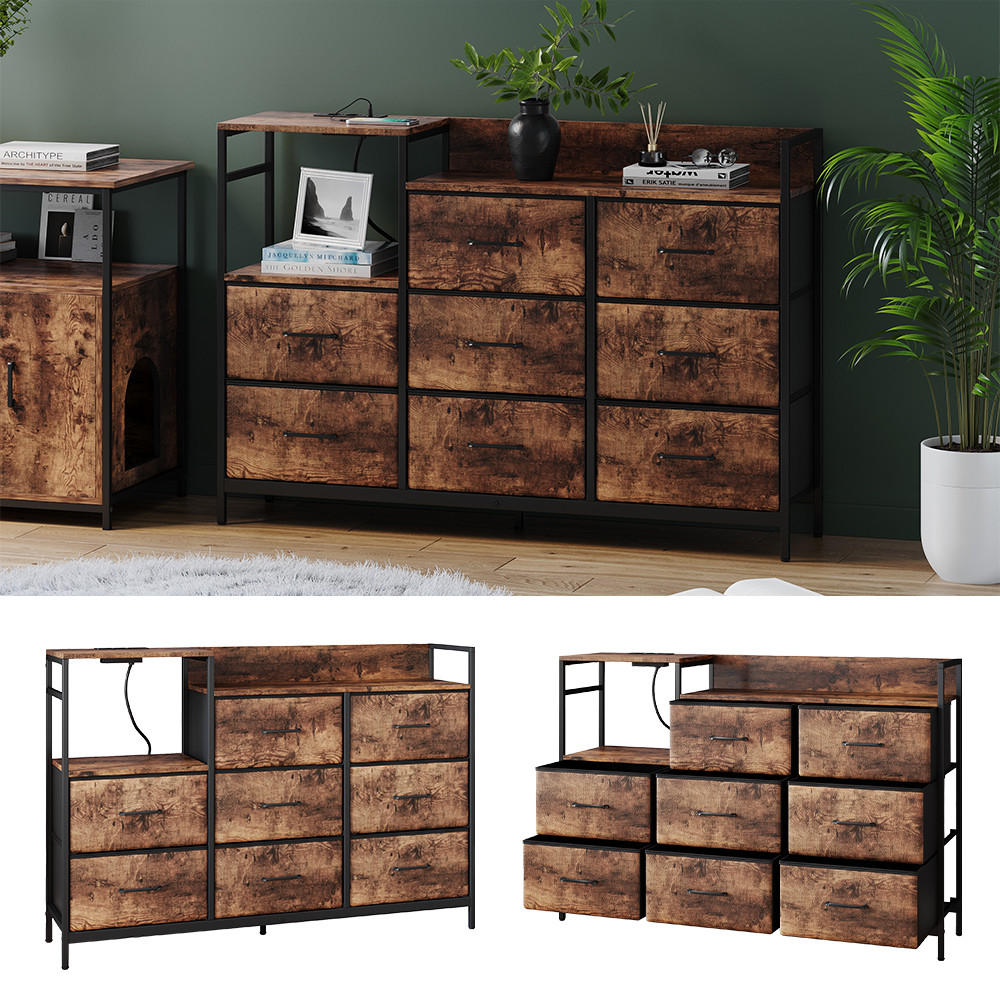 SIDEBOARD Brian Eiche rustikal 132 x 30 cm mit 8 Schubladen und USB - Eichefarben/Schwarz, Holzwerkstoff (88/30/132cm) - Vicco