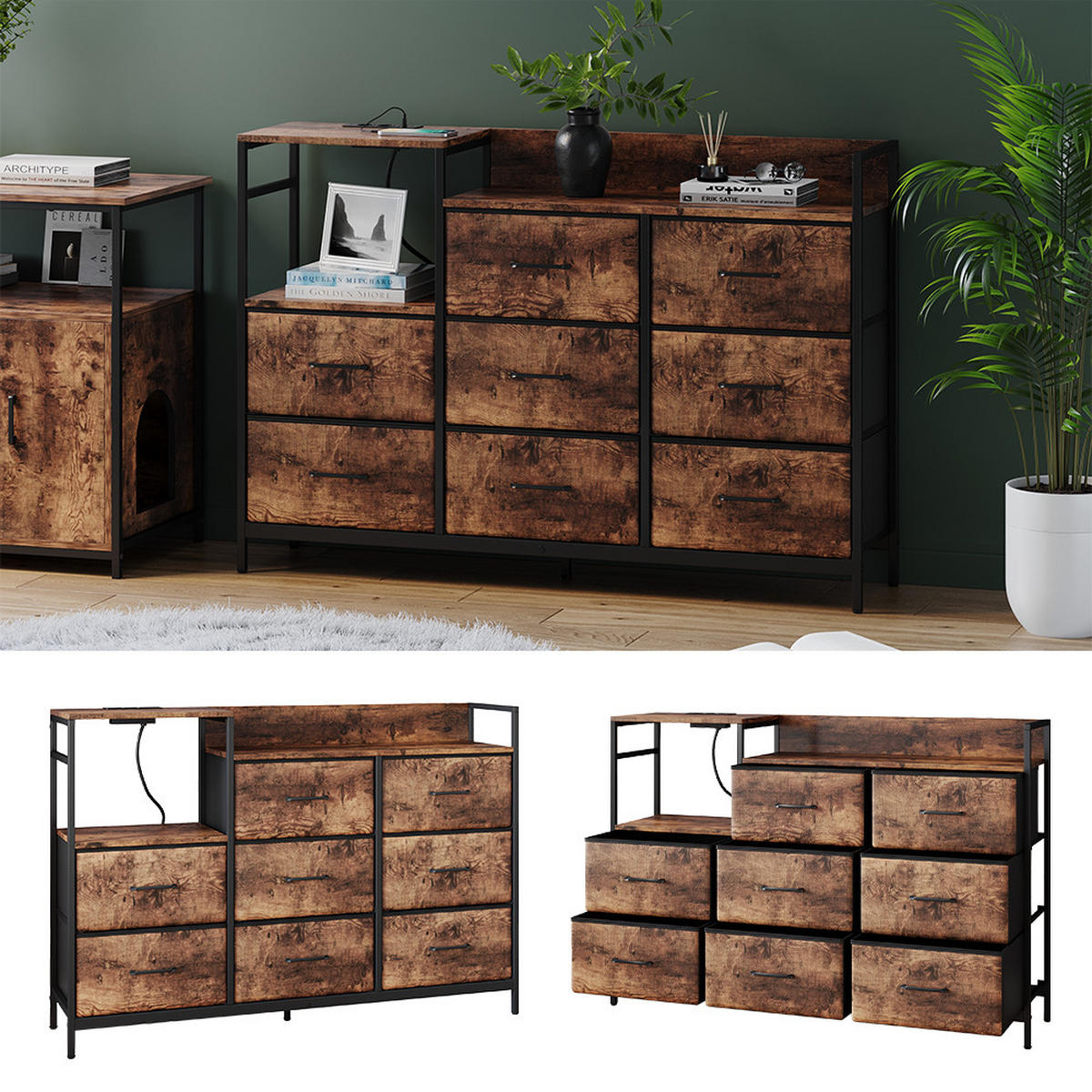 SIDEBOARD Brian Eiche rustikal 132 x 30 cm mit 8 Schubladen und USB - Eichefarben/Schwarz, Holzwerkstoff (88/30/132cm) - Vicco