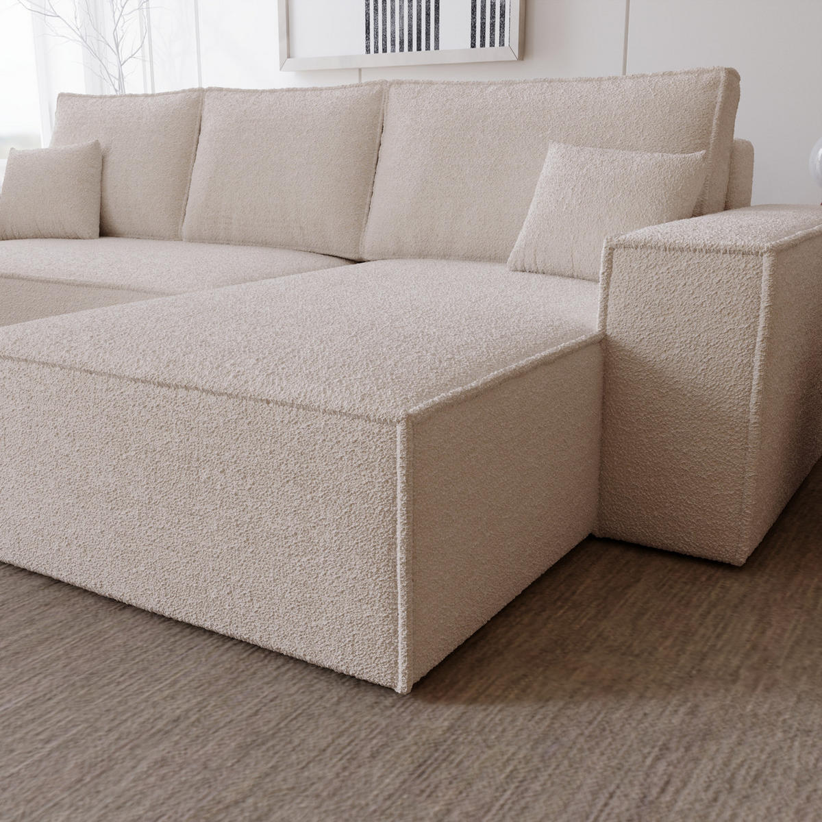 ECKSOFA Bouclé 280 cm Bergamo L mit Bettkasten, Schlaffunktion, Rechts - Beige - Beige, Holz (189/277cm) - Emporius