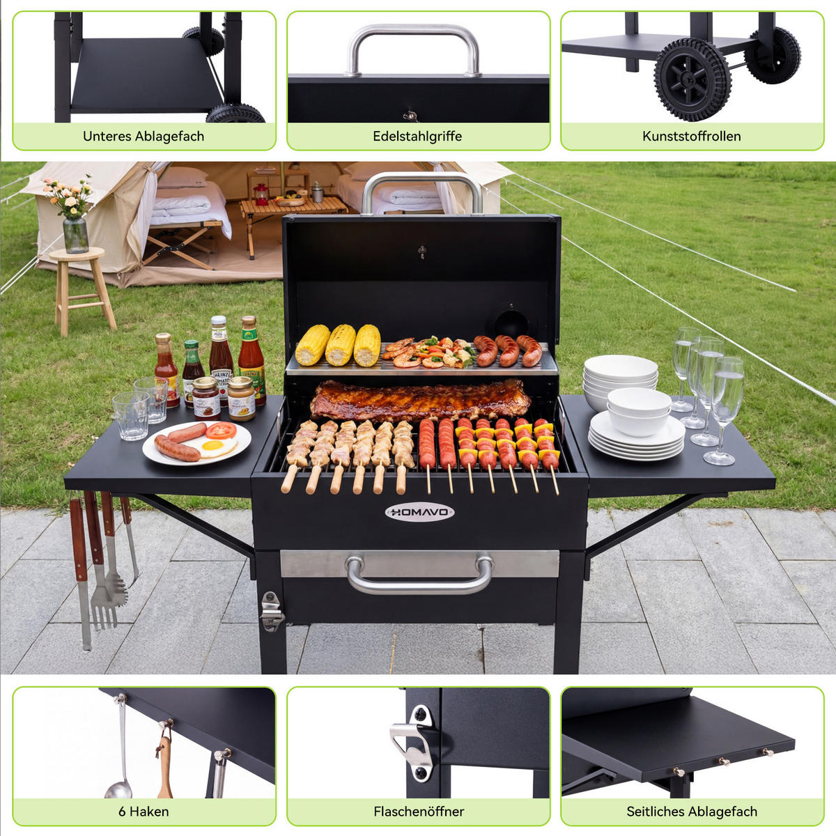 HOLZKOHLEGRILL - Schwarz, Metall (44/106/107cm) - HOMAVO