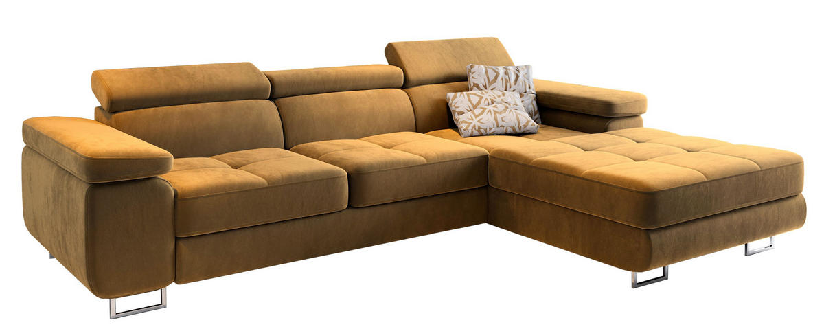 ECKSOFA ELMA R-S Gelb Velours-Stoff mit Schlaffunktion - Gelb, Holz (280/205cm) - MASSENO