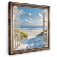 LEINWANDBILD Aussicht - Strand - Fenster - Dünen - Meer 90x90 cm - Hellblau, Textil (90/90cm) - MuchoWow