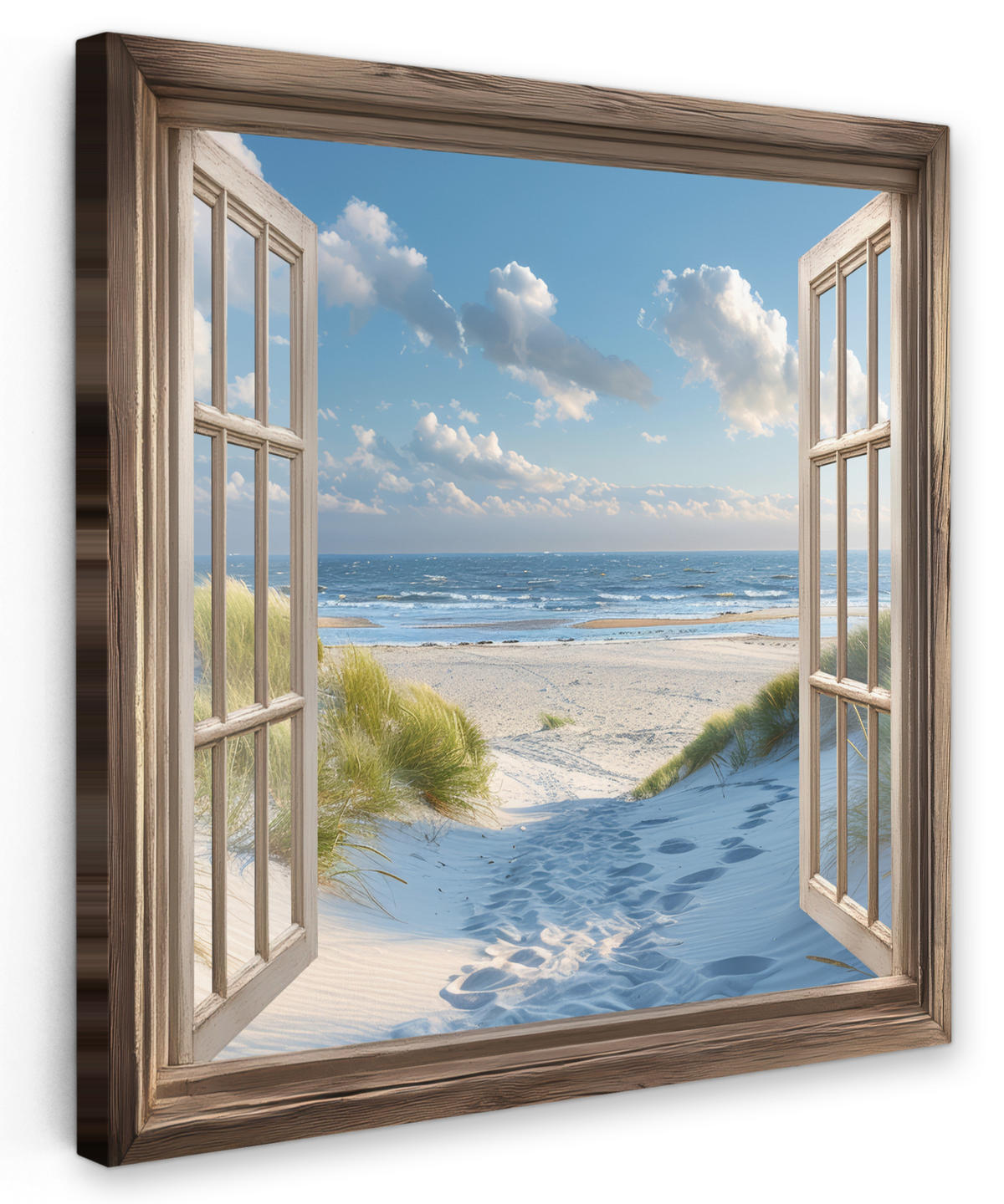 LEINWANDBILD Aussicht - Strand - Fenster - Dünen - Meer 90x90 cm - Hellblau, Textil (90/90cm) - MuchoWow