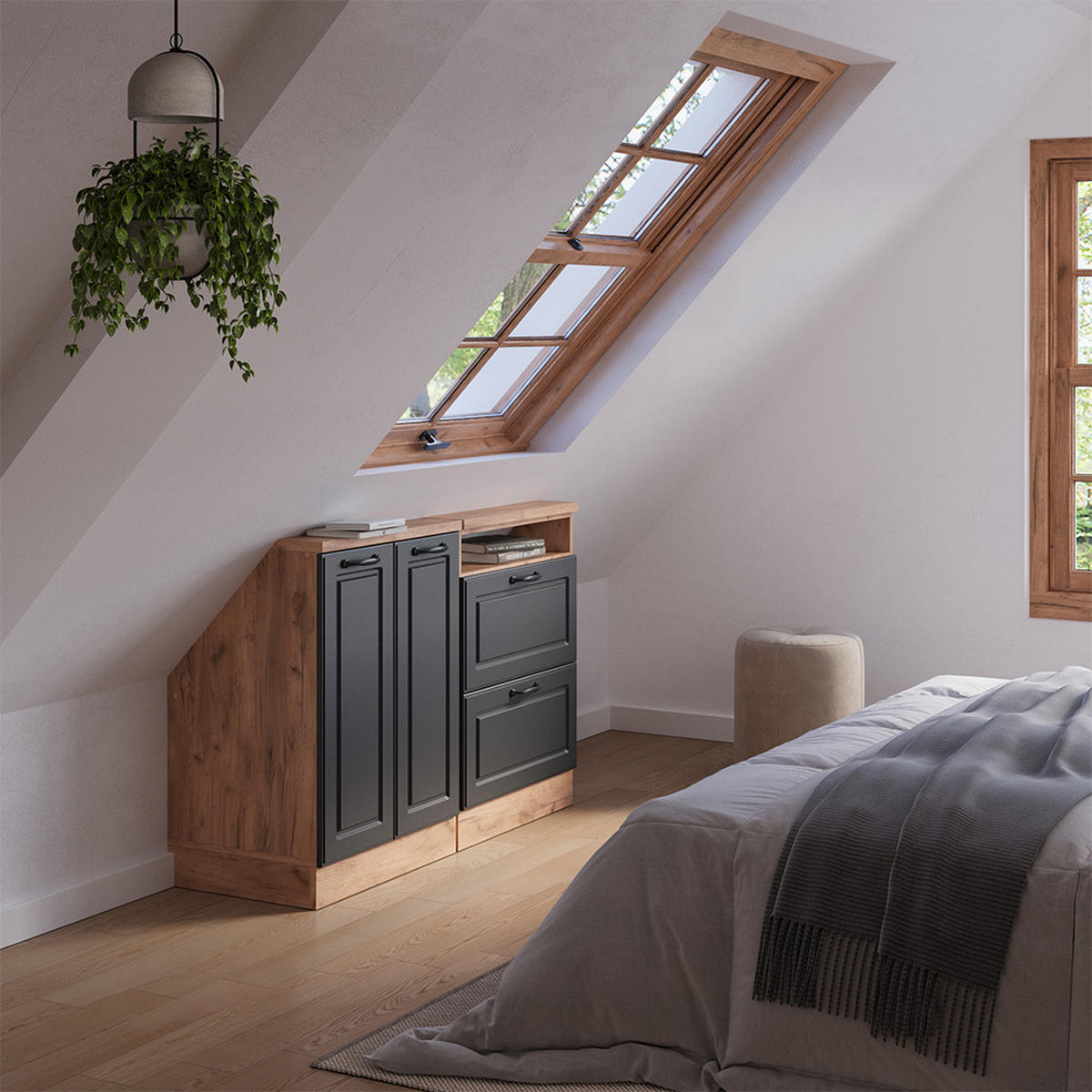 DACHSCHRÄGENSCHRANK-SET Rion Anthrazit Landhaus/Goldkraft Eiche 2er Set - Honigeiche/Anthrazit, Holzwerkstoff (120/81.6/46cm) - Vicco