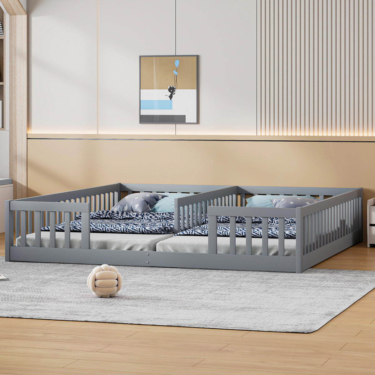 KINDERBETT aus Kiefernholz und MDF 90x200 cm Grau mit Sicherheitsgitter und Lattenrost für 2 Kinder - Grau, Holzwerkstoff (90/200cm) - Modfu