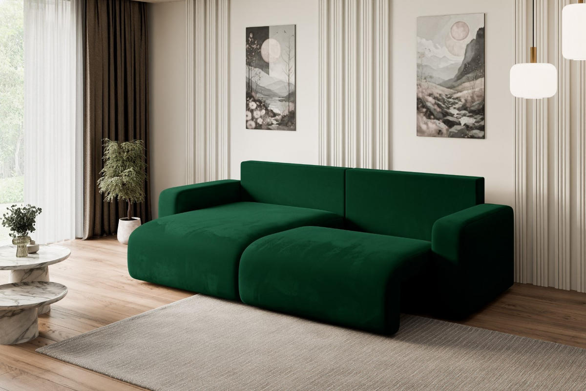 ECKSOFA mit Schlaffunktion und Bettkasten KLEEA-L - 247x143x83 cm Grün Velours - Schwarz/Grün, Holzwerkstoff/Kunststoff (247/143cm) - ALTDECOR