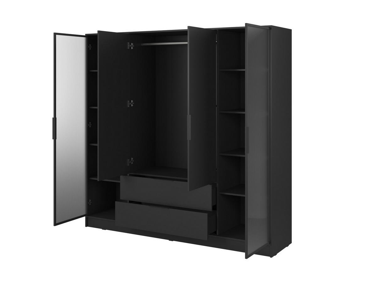 KLEIDERSCHRANK RICADI 4D RD (Schwarz, Riffelglas, 4 Türen, 2 Schubladen, Kunststoffgriffe) - Schwarz, Holz/Holzwerkstoff (206/200/51cm) - Ravio