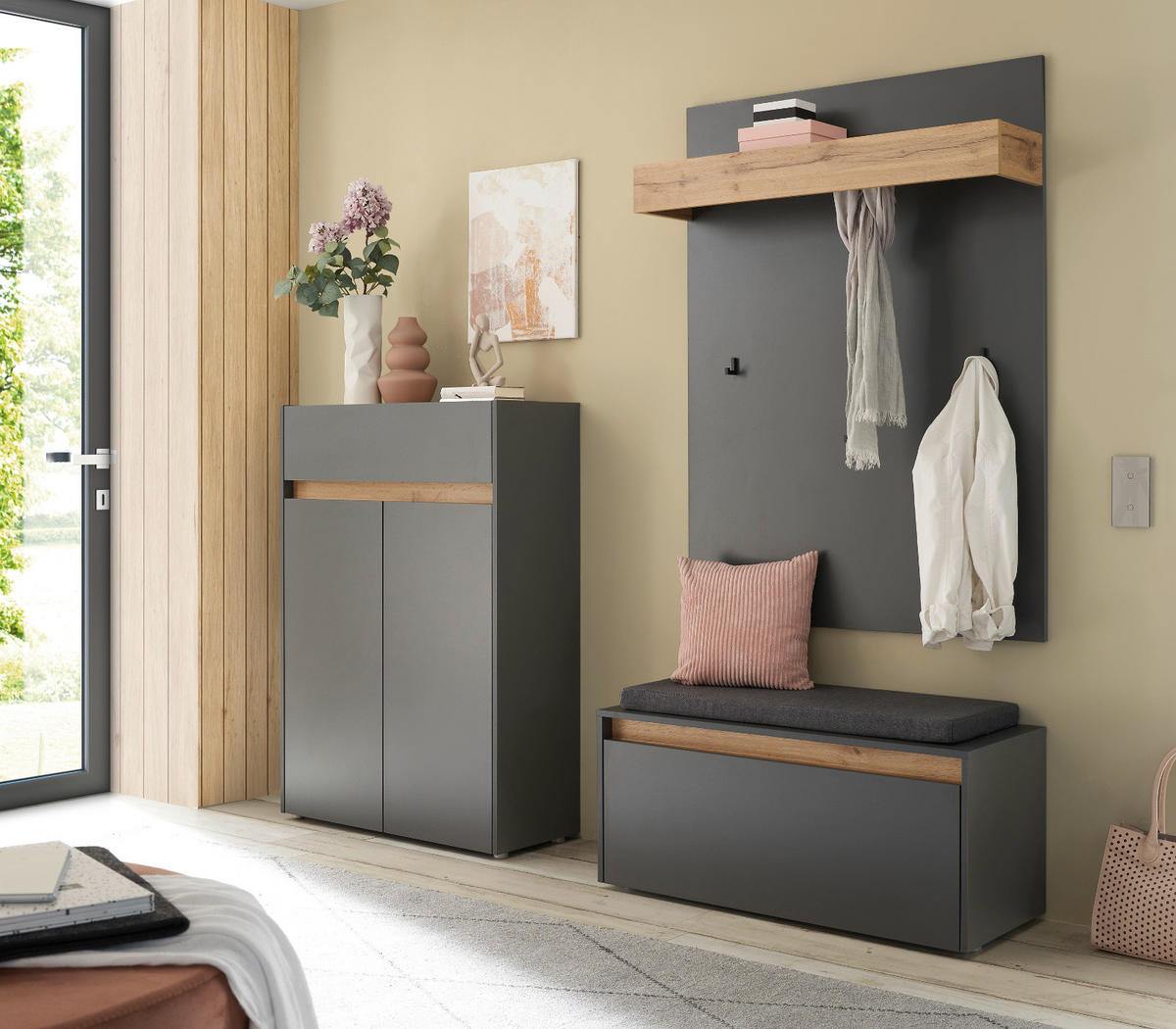 SCHUHSCHRANK grau matt, Eiche Wotan, Flurkommode 85 x 122 cm - Eiche Wotan/Schwarz, Holzwerkstoff/Kunststoff (85/122/122cm) - Furn.Design