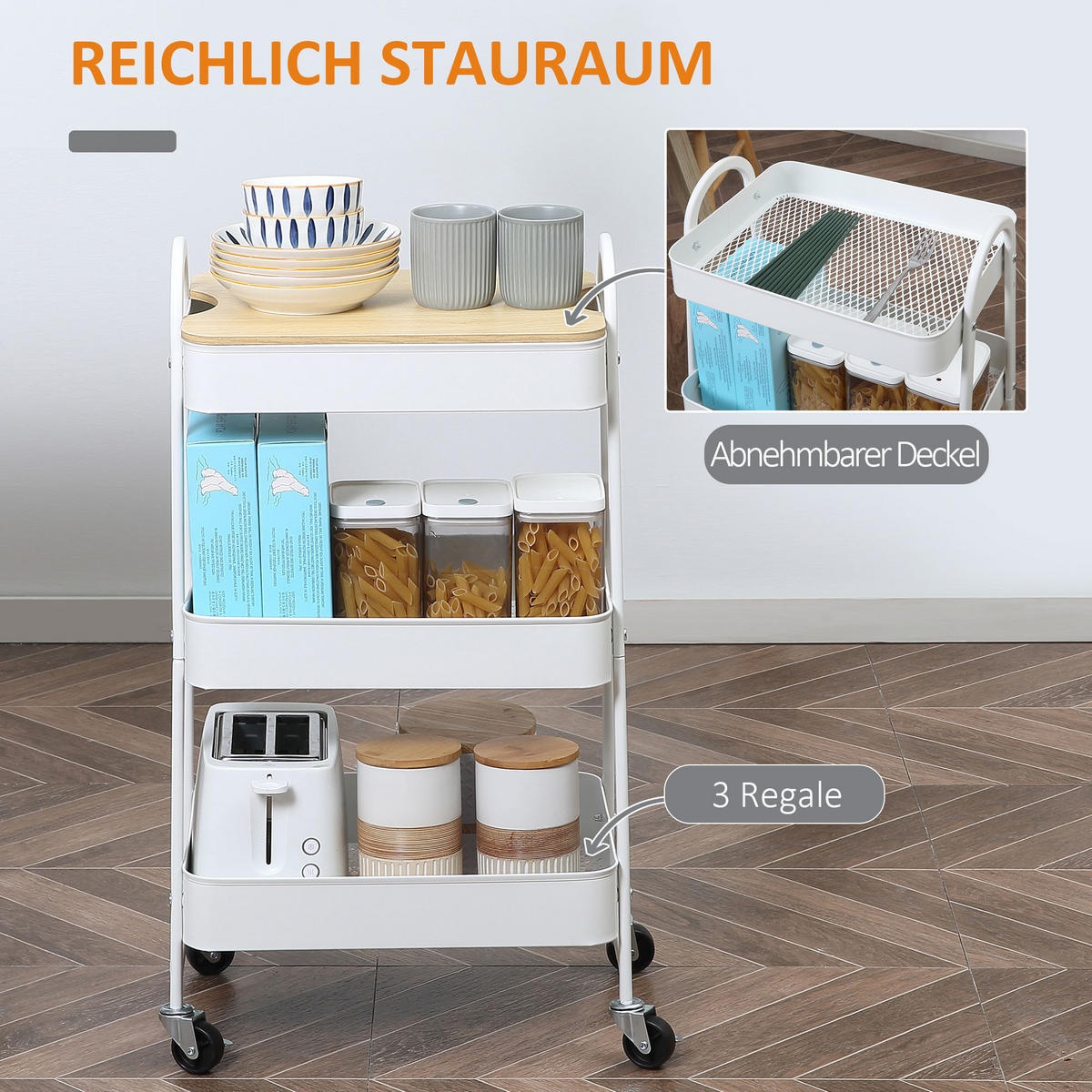 KÜCHENWAGEN 3-Etagen Aufbewahrungswagen Servierwagen Küchenregal mit Rollen Weiß - Weiß, Metall (31/79.4/45cm) - HOMCOM