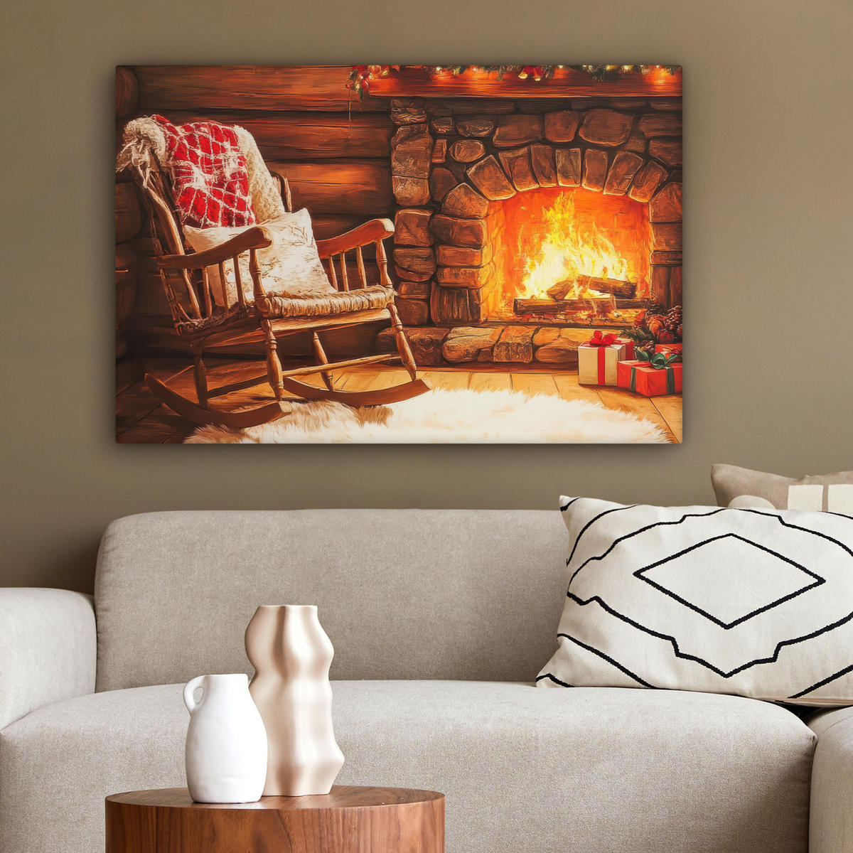 LEINWANDBILD Winter - Weihnachten - Zuhause - Kamin Wanddeko 90x60 cm - Bernsteinfarben, Textil (90/60cm) - MuchoWow