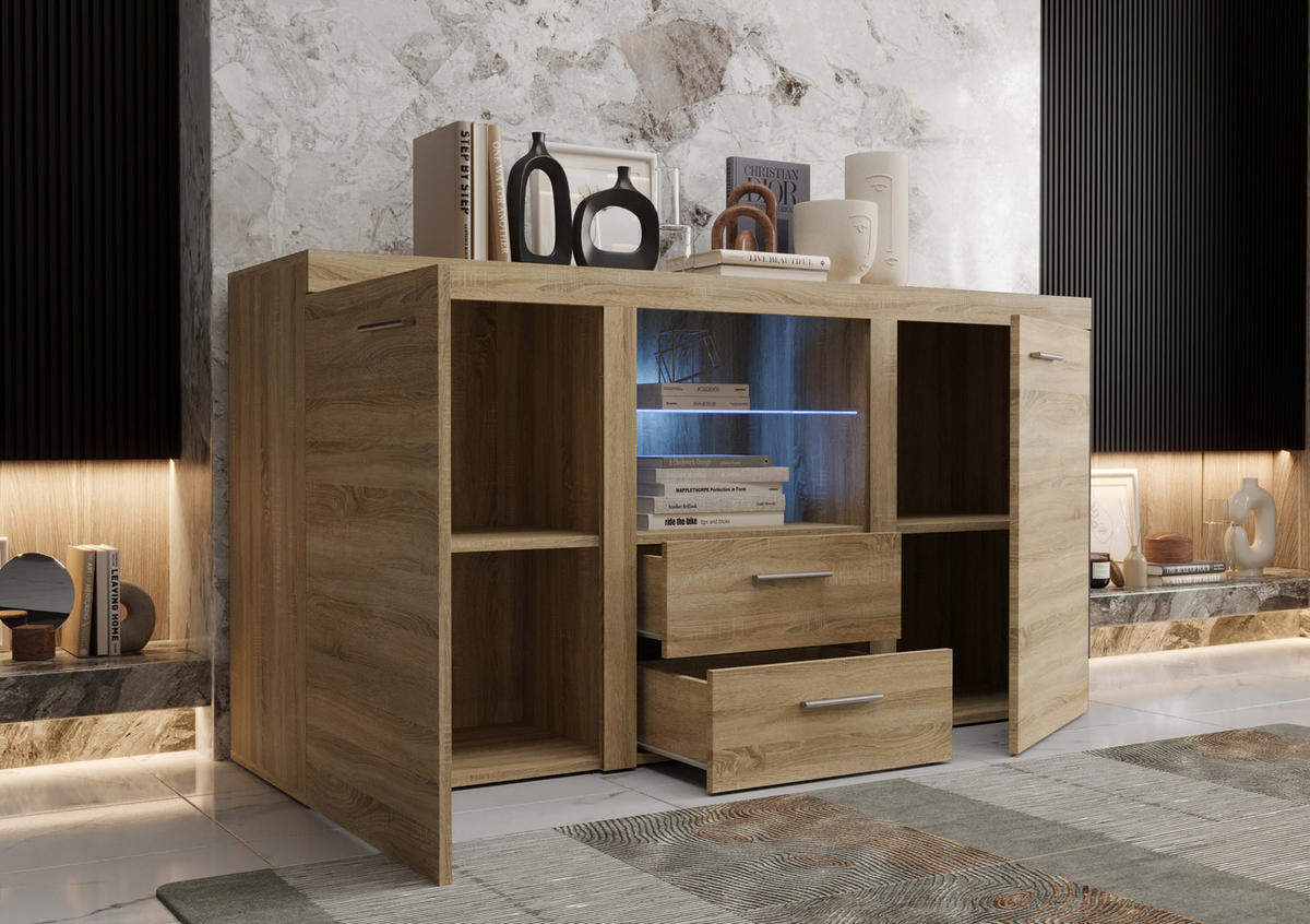 KOMMODE London LRK mit 2 Türen, Sideboard in Farbe: Hellbraun, Größe: 156 x 82 x 40 cm - Hellbraun, Holzwerkstoff (156/82/40cm) - O-Sofa