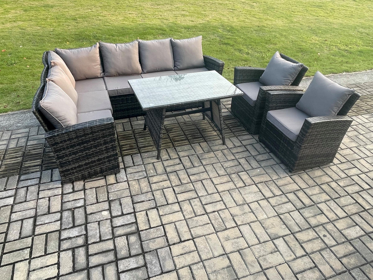 BALKONMÖBEL-SETS mit Ecksofa,Stuhl,Länglicher Esstisch Polyrattan Dunkelgrau 8-Sitzer - Dunkelgrau/Grau, Glas/Kunststoff - Fimous
