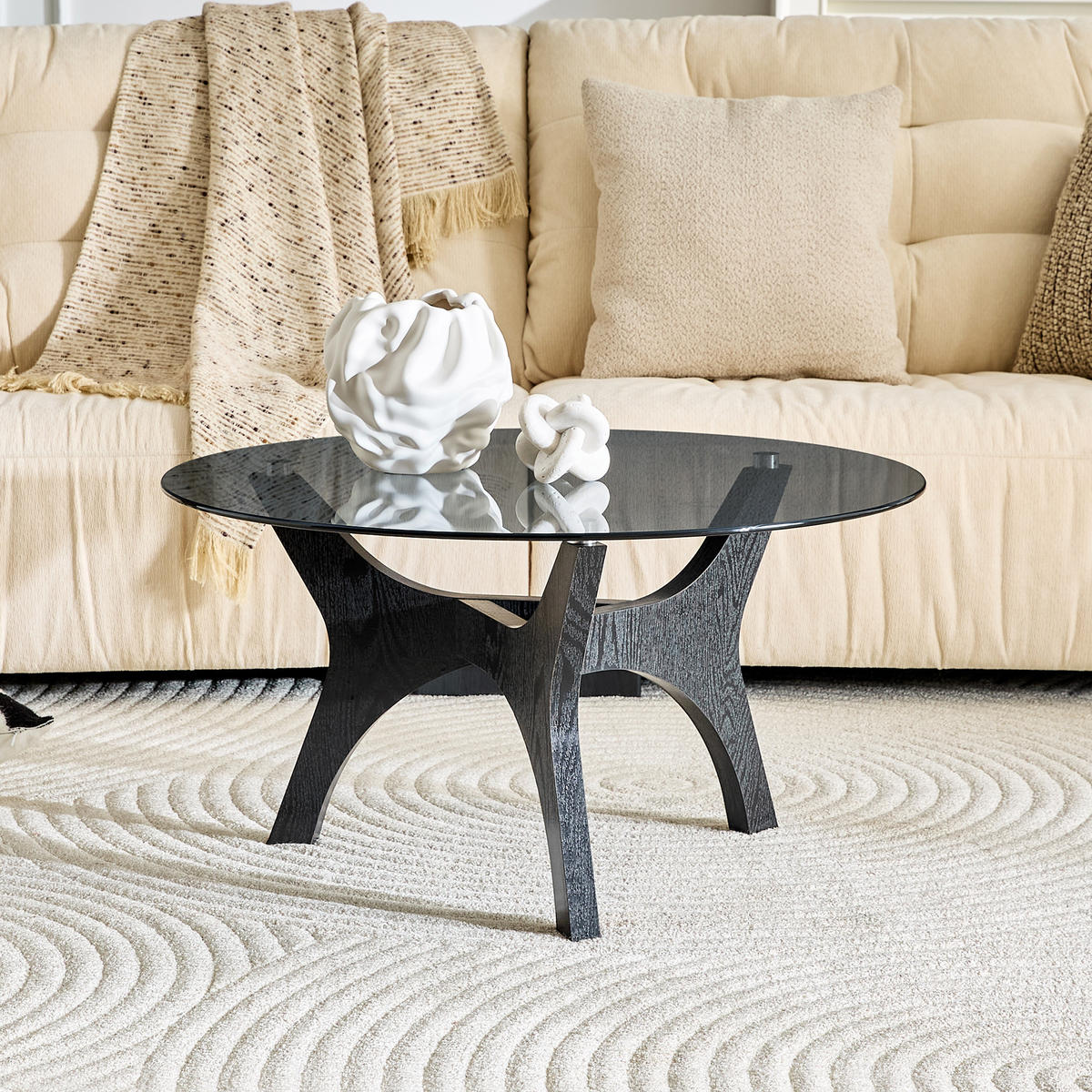 COUCHTISCH in Schwarz Runder Kaffeetisch für Wohnzimmer, Büro & Lounge, Hitze- & Kratzfest, 80/80/42.2 - Schwarz/Naturfarben, Glas/Holzwerkstoff (80/80/42.2cm) - STILVORA