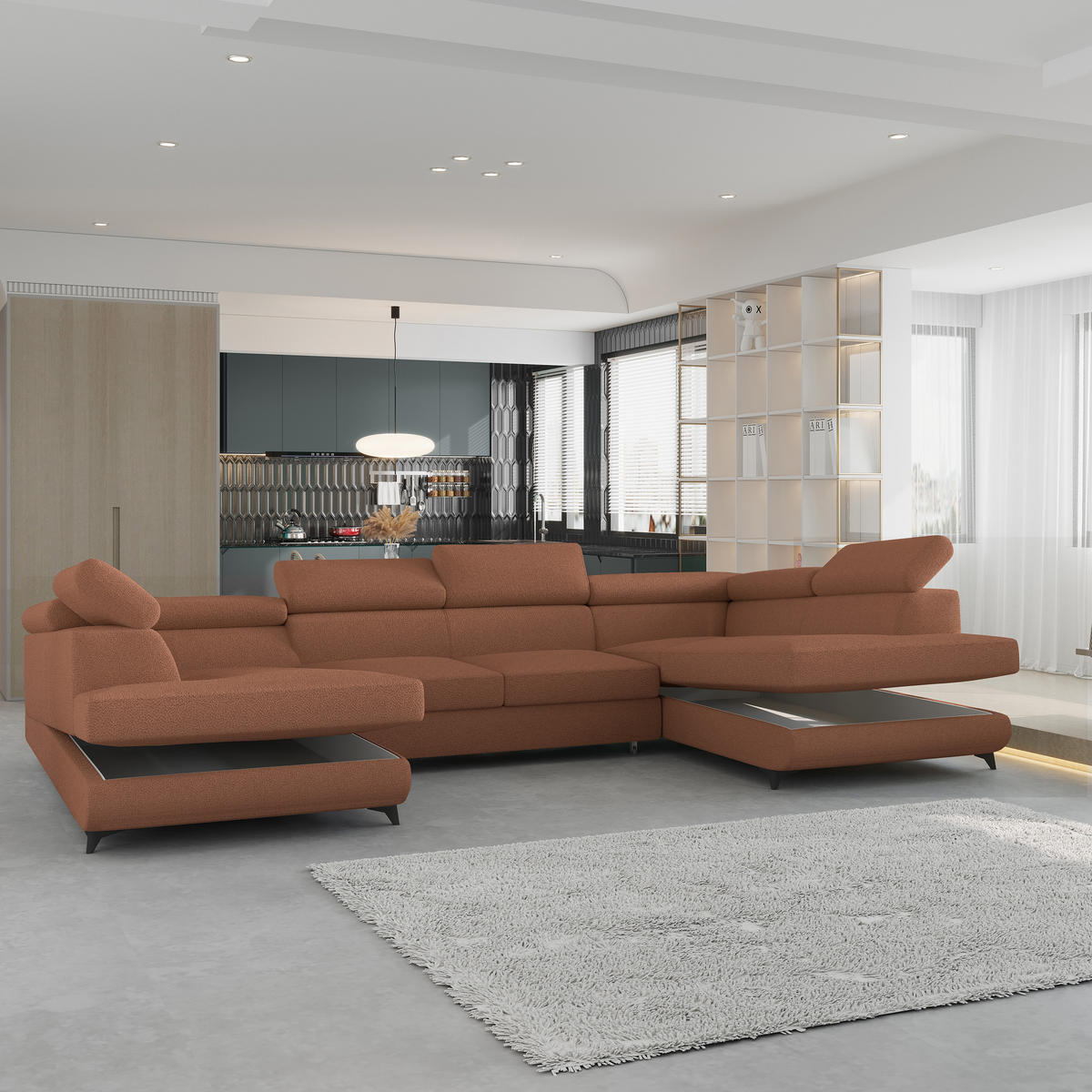 WOHNLANDSCHAFT VINTESSA Kupferfarben Boucle-Stoff mit Schlaffunktion - Kupferfarben, Holz (323/89/190cm) - MASSENO