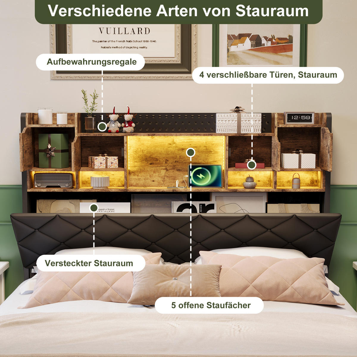 POLSTERBETT 160x200 cm mit LED und USB, Doppelbett mit Lattenrost und Kopfteil, PU, Braun und Schwarz - Schwarz/Braun, Leder/Holzwerkstoff (160/200cm) - GENKI LIVING