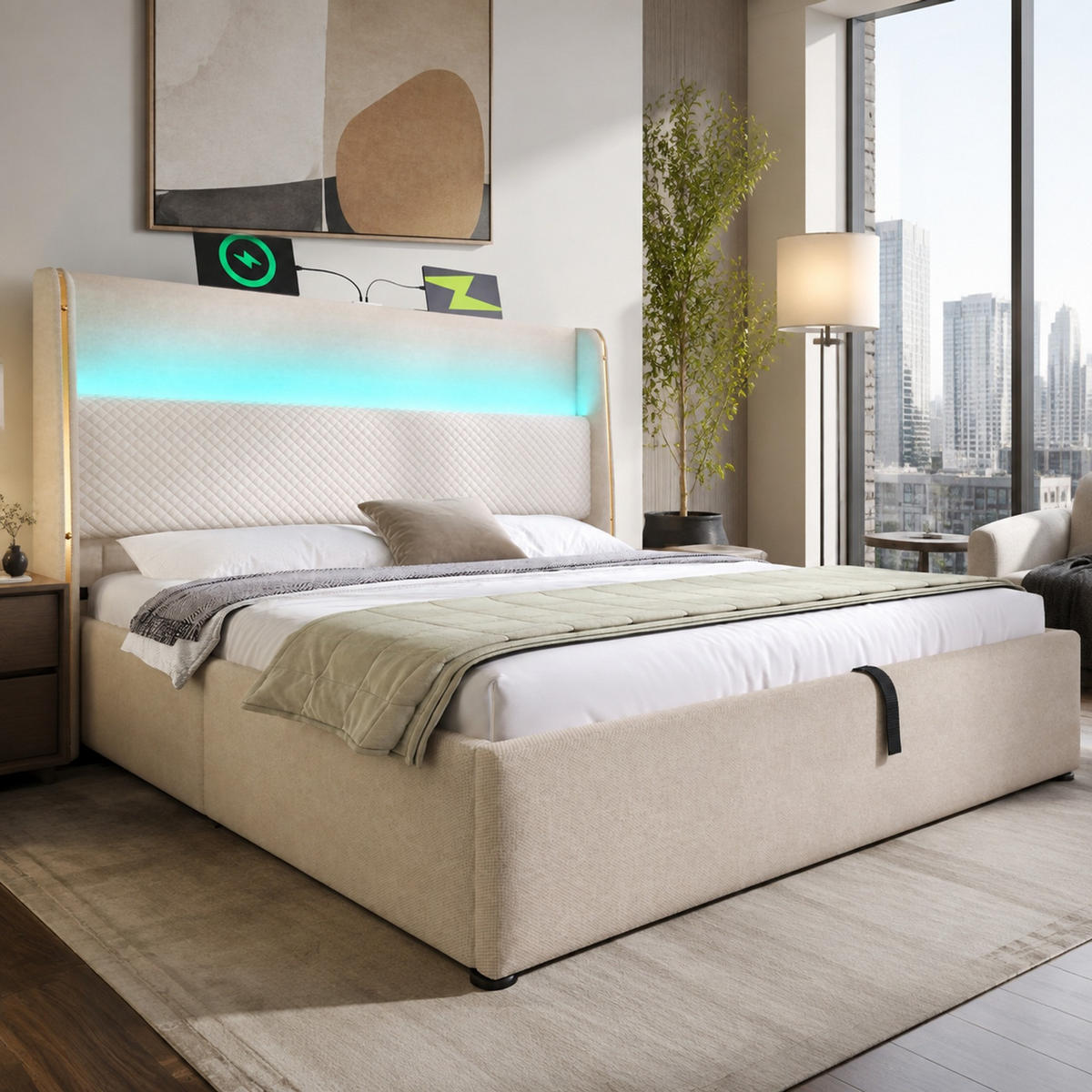 POLSTERBETT 160/200 mit Bettkasten, LED und USB in Beige - Beige, Holzwerkstoff/Textil (160/200cm) - EVRYAE