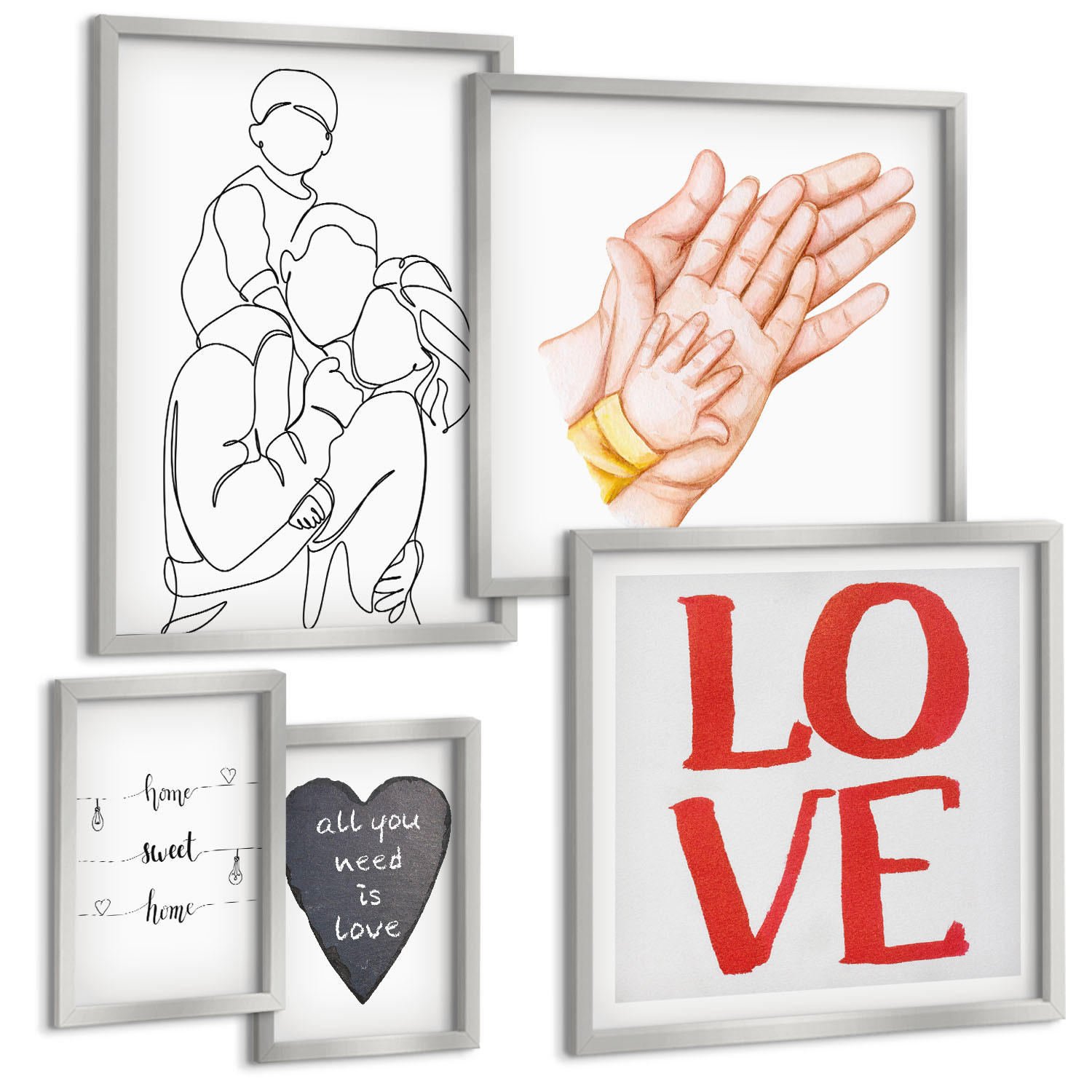 BILDER SET 5er Set - 50x50 cm & 20x30 cm & 40x60 cm Silberner Rahmen - Weltraum-Astronauten-Sterne - Silberfarben, Kunststoff (40/60cm) - TULUP