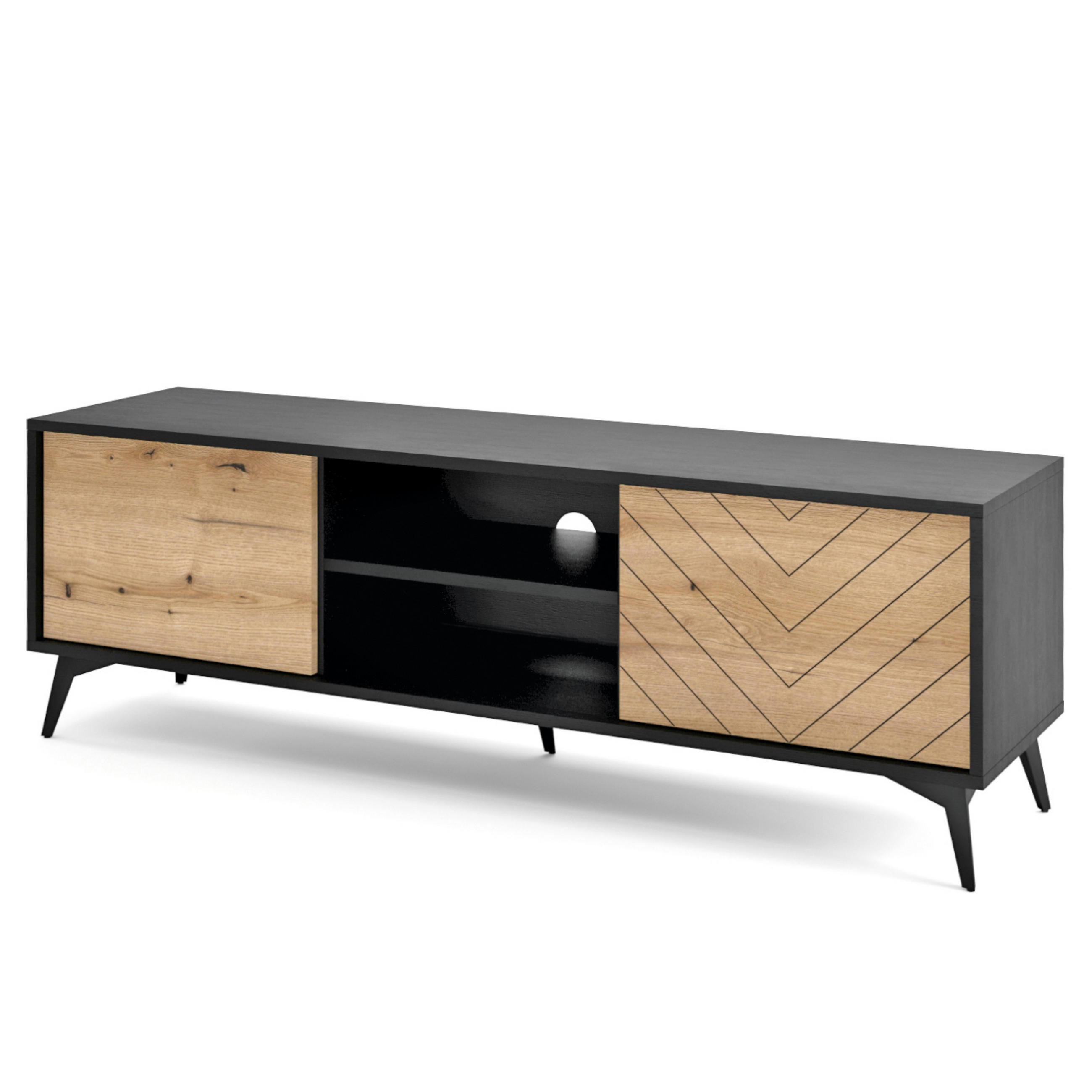 LOWBOARD Jasper 154 cm – Schwarz, Holz - Eichefarben/Schwarz, Glas/Holzwerkstoff (154/50/39cm) - Komodee