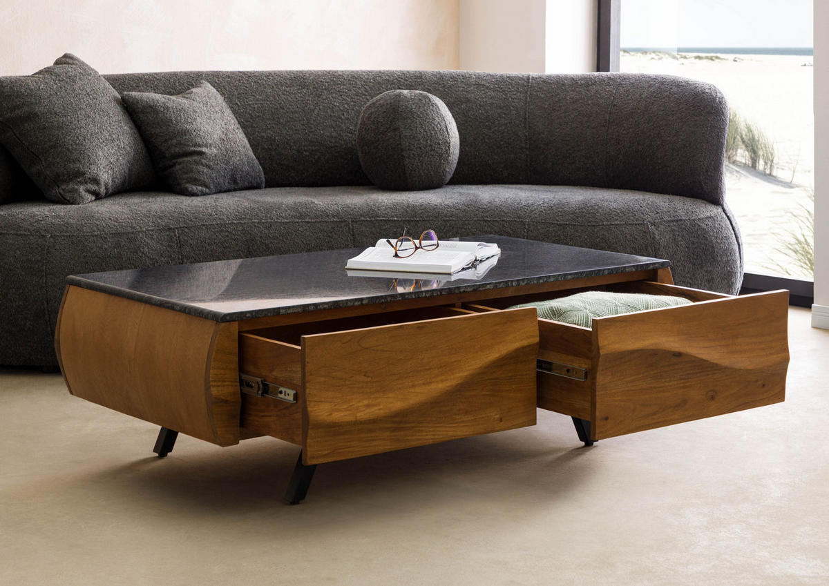 COUCHTISCH Akazie 124x60x40 natur lackiert / Marmor schwarz MONTREAL #129 - Schwarz/Braun, Holzwerkstoff (124/60/40cm) - Massivmoebel24