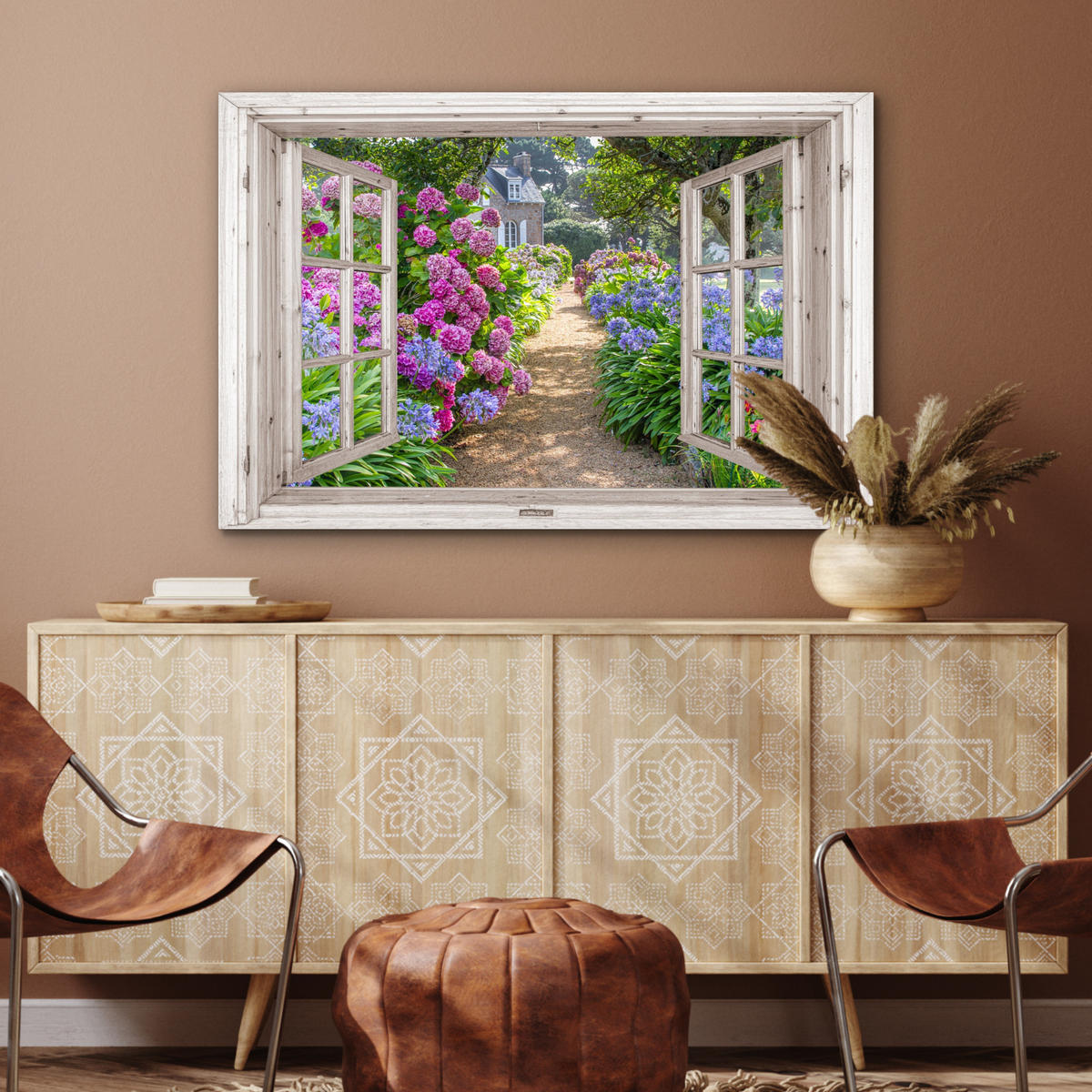 METALLBILD Hortensie - Fensterblick - Blumen - Sommer - Lila - Weg 120x80 cm - Lila, Metall (120/80cm) - MuchoWow