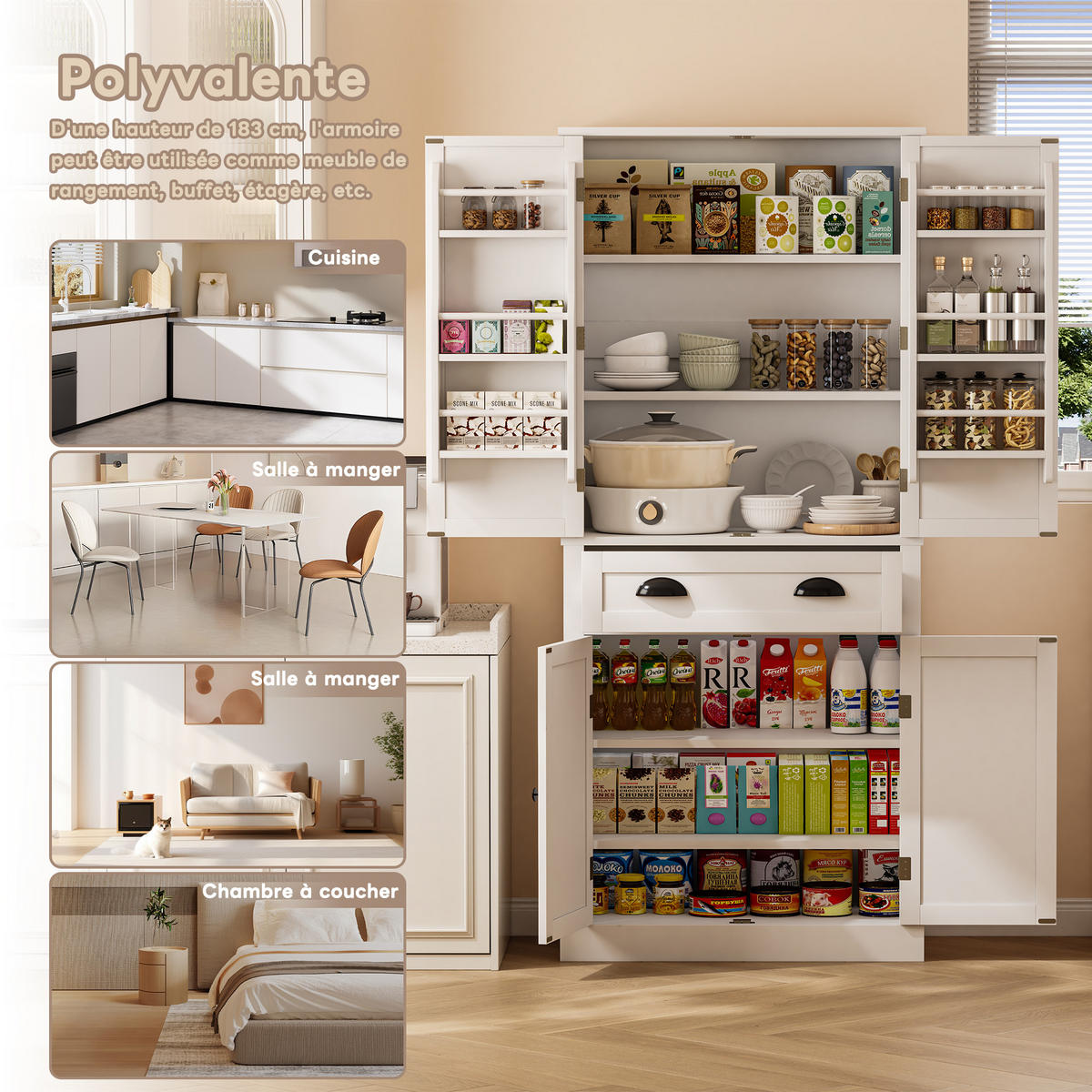 BUFFETSCHRANK, Vorratsschrank mit 4 Türen & 1 Schublade, 4 verstellbare Einlegeböden, Holzwerkstoff, 80/40/182 cm, Weiß - Weiß, Holzwerkstoff (80/182/40cm) - Modfu