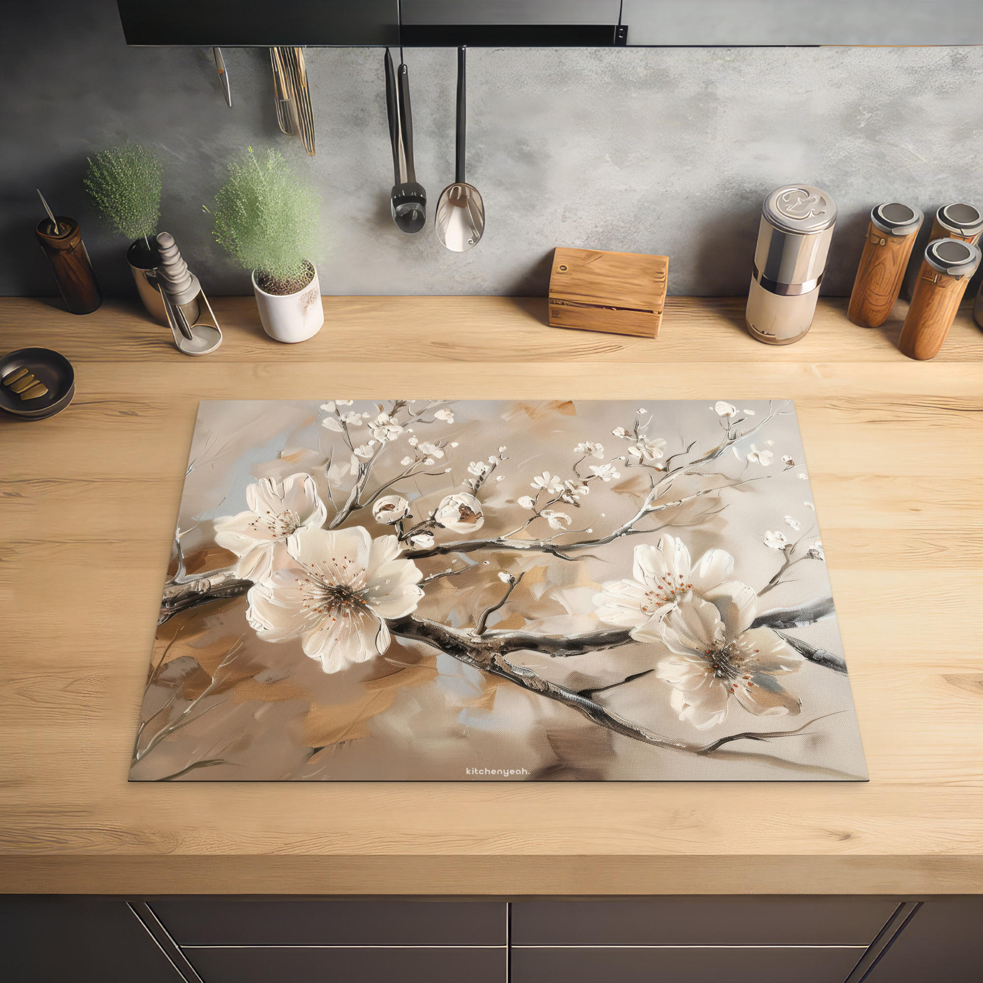 HERDABDECKPLATTE Blumen - Abstrakt - Gemalt - Beige 70x52 cm - Kaschmir, Kunststoff (70/0.2/52cm) - MuchoWow