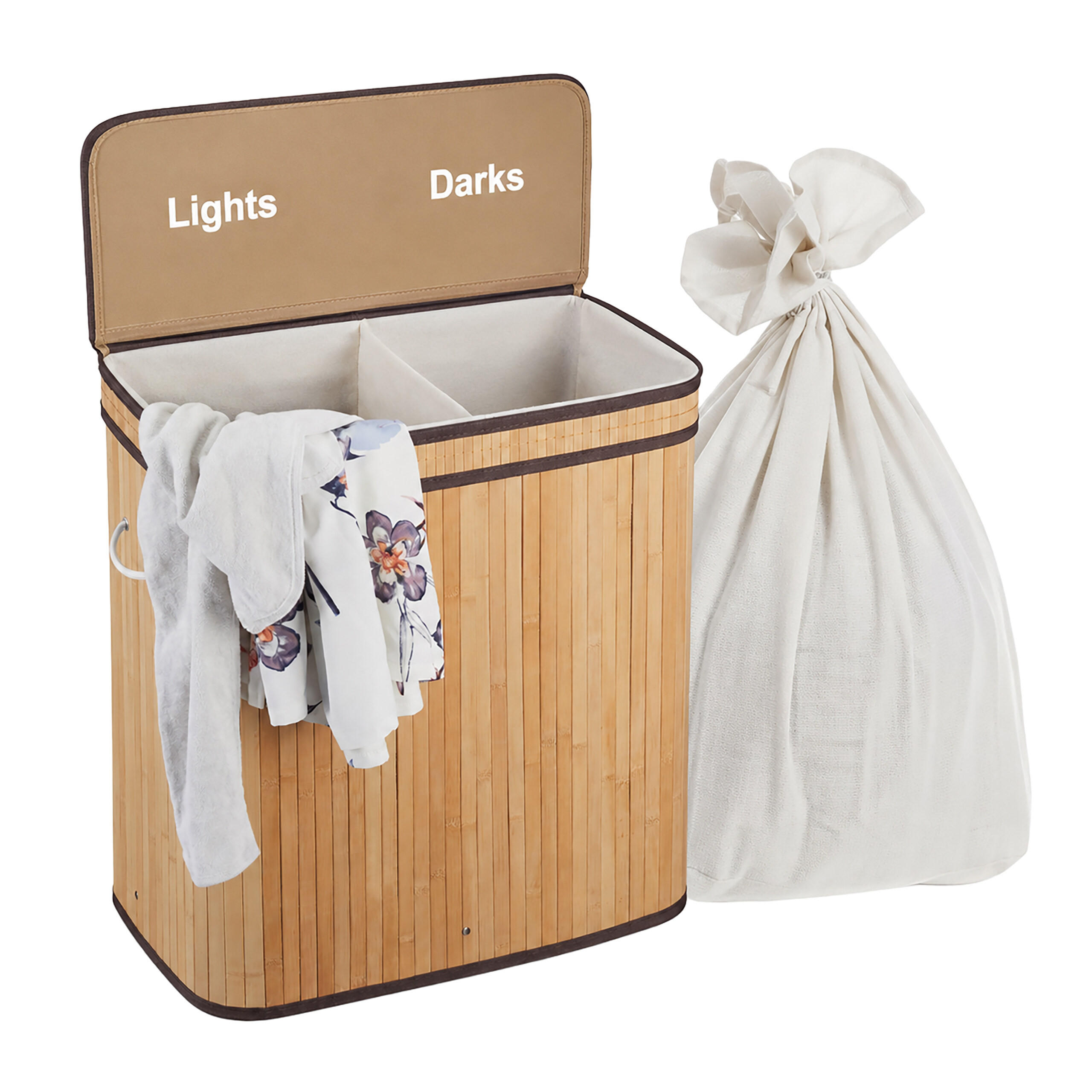 KOŠARA Naravna za perilo bambus 2 predala s pokrovom - svetlo rjava, tekstil/les (52/60/32cm) - Relaxdays