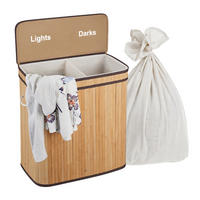 WÄSCHEKORB Natur Bambus 2 Fächer mit Deckel - Hellbraun, Holz/Textil (52/60/32cm) - Relaxdays
