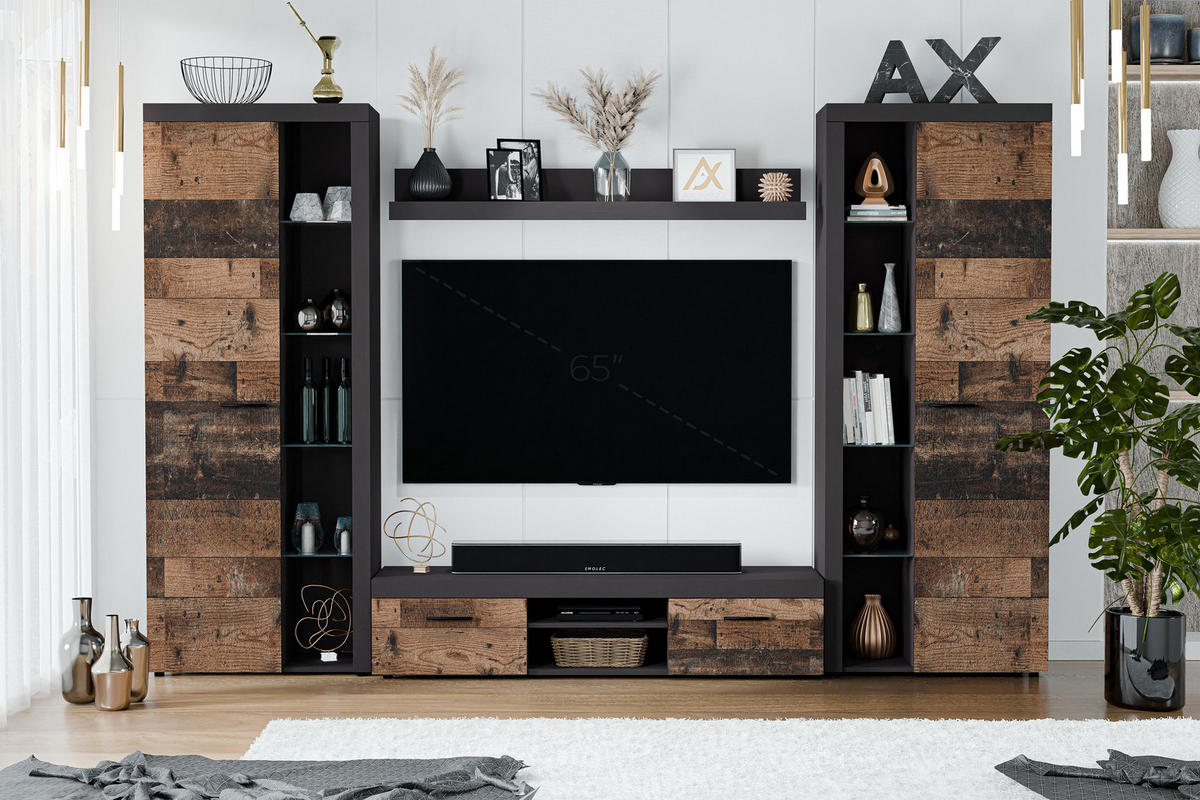 WOHNWAND Spacoro XL Matera, Oldwood 300/190/40 cm Viel Stauraum ohne LED - Dunkelgrau/Bronzefarben, Holzwerkstoff/Kunststoff (300/190/40cm) - AX Living