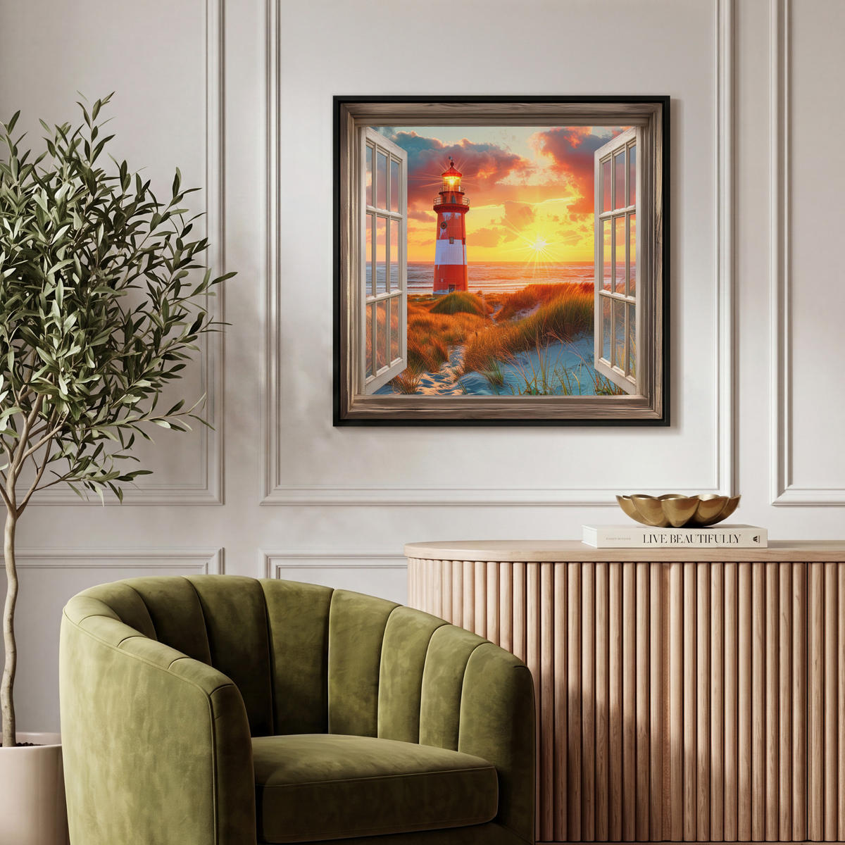 LEINWAND Bilder mit Rahmen - Aussicht - Fenster - Leuchtturm - Sonnenuntergang - Strand - 50x50 - Dunkelorange, Textil (50/50cm) - MuchoWow