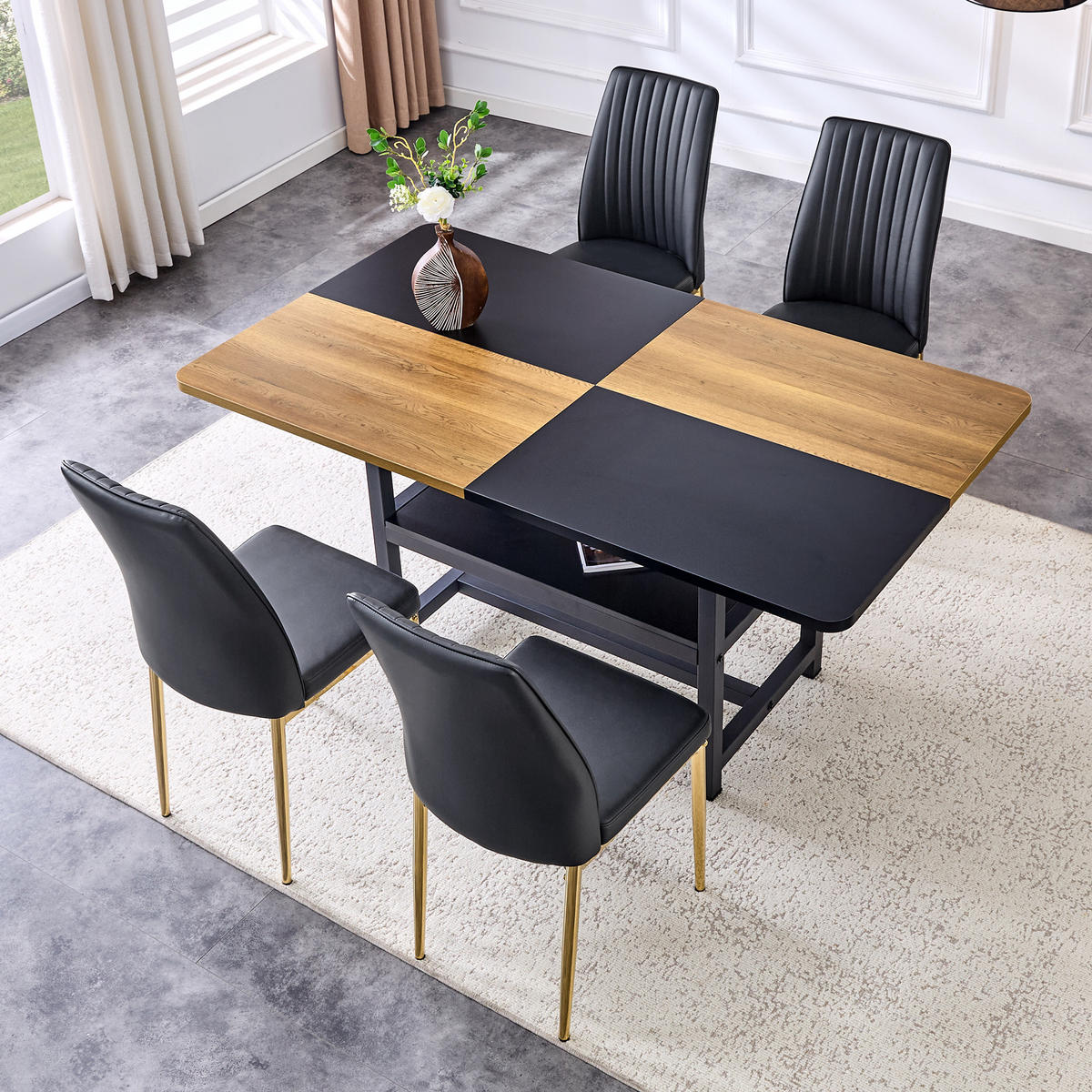 ESSGRUPPE DE-39342 5-teilig, mit Abstellregal und 4 PU-Sesseln Schwarz/Gold - Schwarz, Holzwerkstoff (160/76/90cm) - ComfortXL