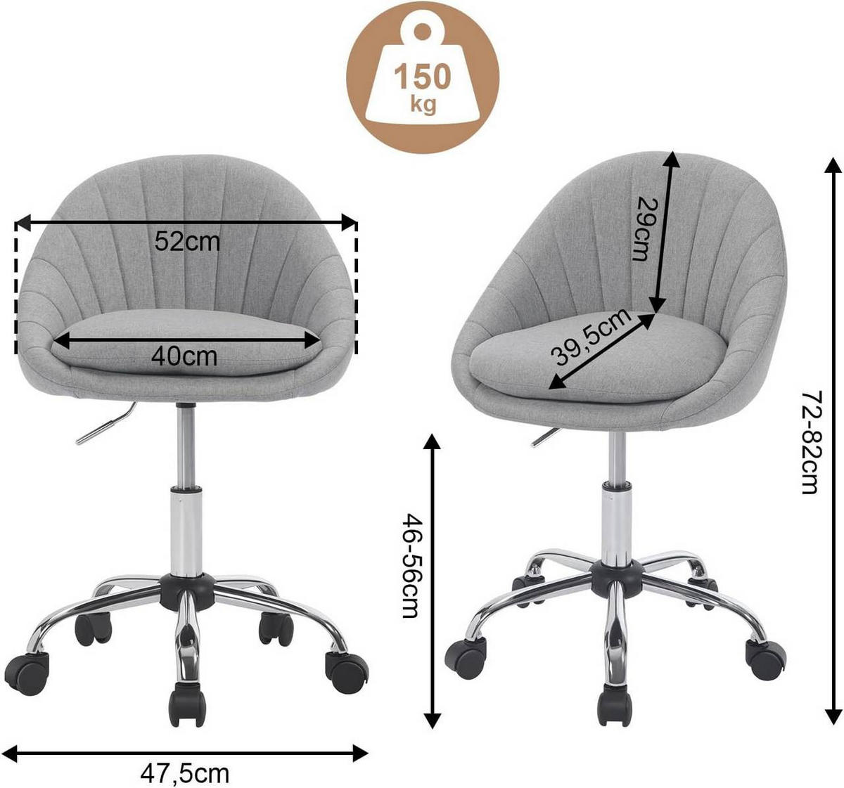 DREHSTUHL ergonomisch, Schminkstuhl, Samt, Grau - Schwarz/Grau, Textil/Metall (52/72/48cm) - Woltu