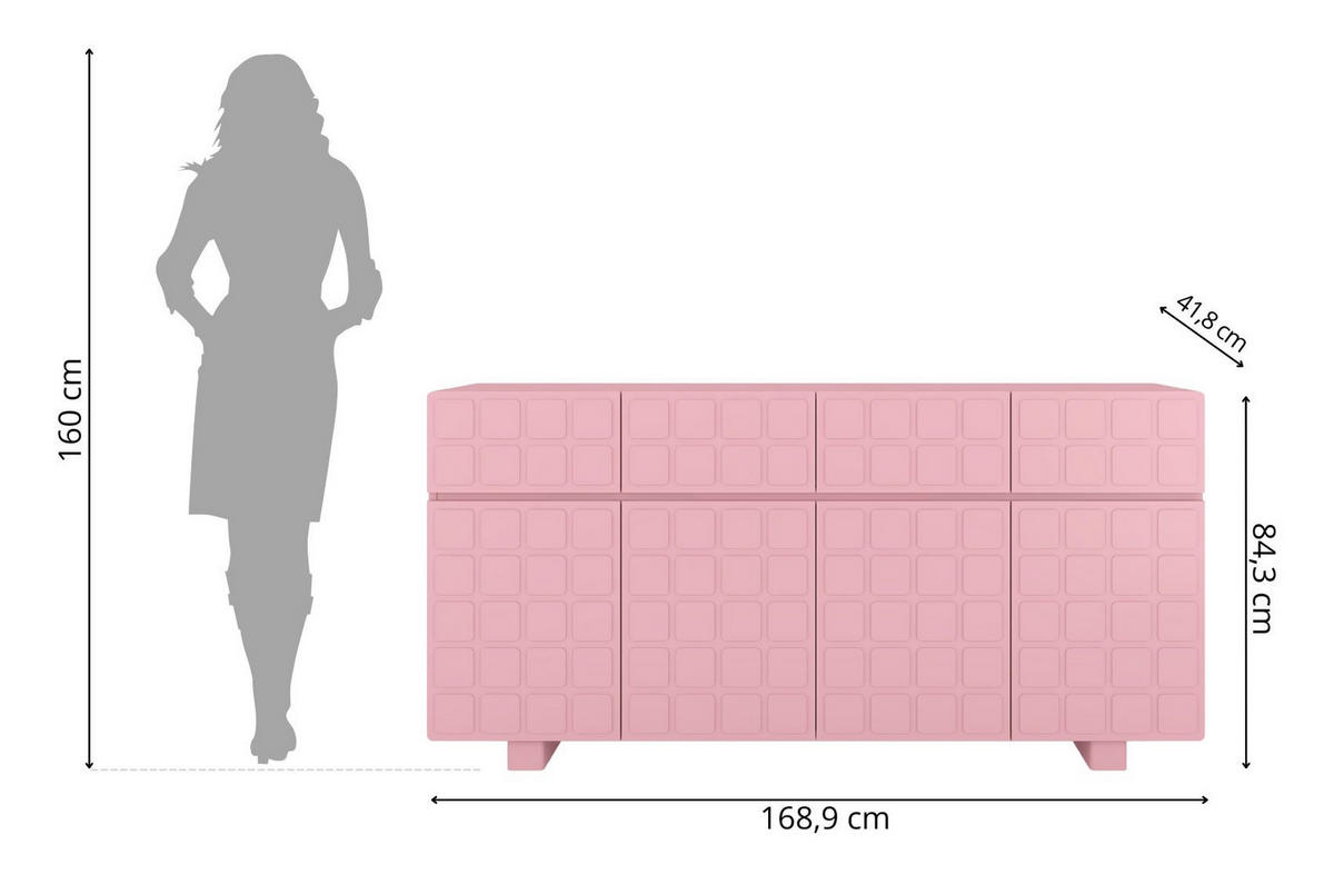 SIDEBOARD Cubo Long, Geometrische 3D Fronten, 169 cm, Rosa - Hellrosa, Holz/Holzwerkstoff (168.9/83.8/41.8cm) - Skandica