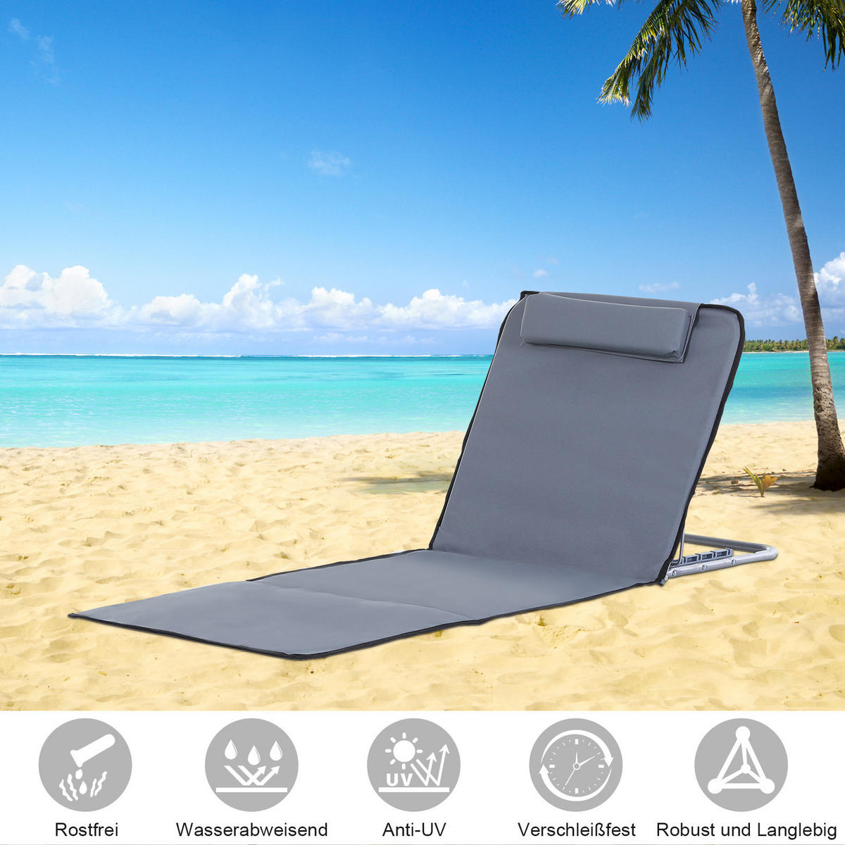 HÖHENVERSTELLBARE STRANDLIEGE, 134 x 48 x 33-43 cm, Stahl, Grau - Grau, Kunststoff (48/36/134cm) - Outsunny