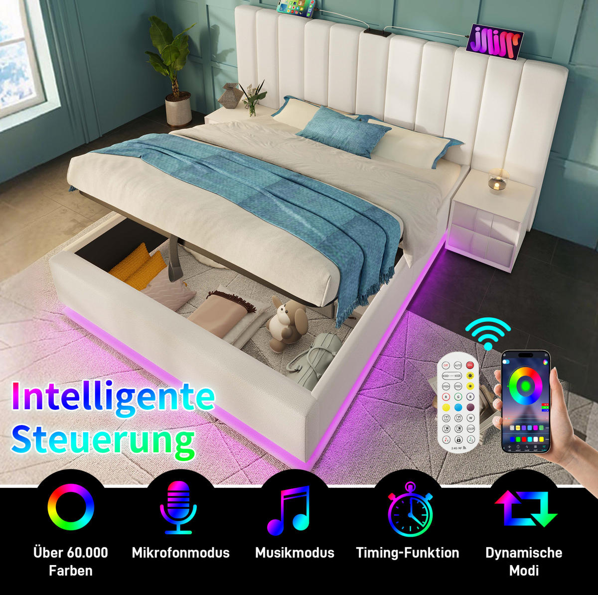 BETT mit Stauraum 180x200 cm PU Weiß inklusive Matratze - Weiß, Metall (180/200cm) - Meubliv