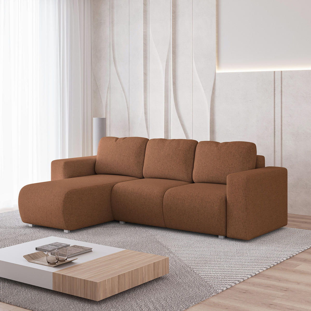 ECKSOFA RINOVA Kupferfarben Geflochtener Stoff mit Schlaffunktion - Kupferfarben, Holz (250/143cm) - MASSENO