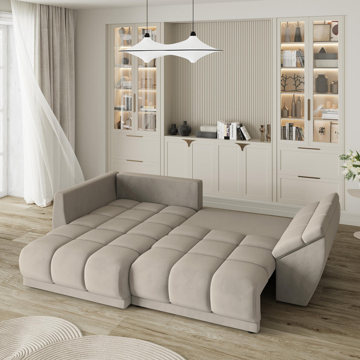 ECKSOFA ORENTI L-S Beige Velours-Stoff mit Schlaffunktion - Beige, Holz (287/182cm) - MASSENO