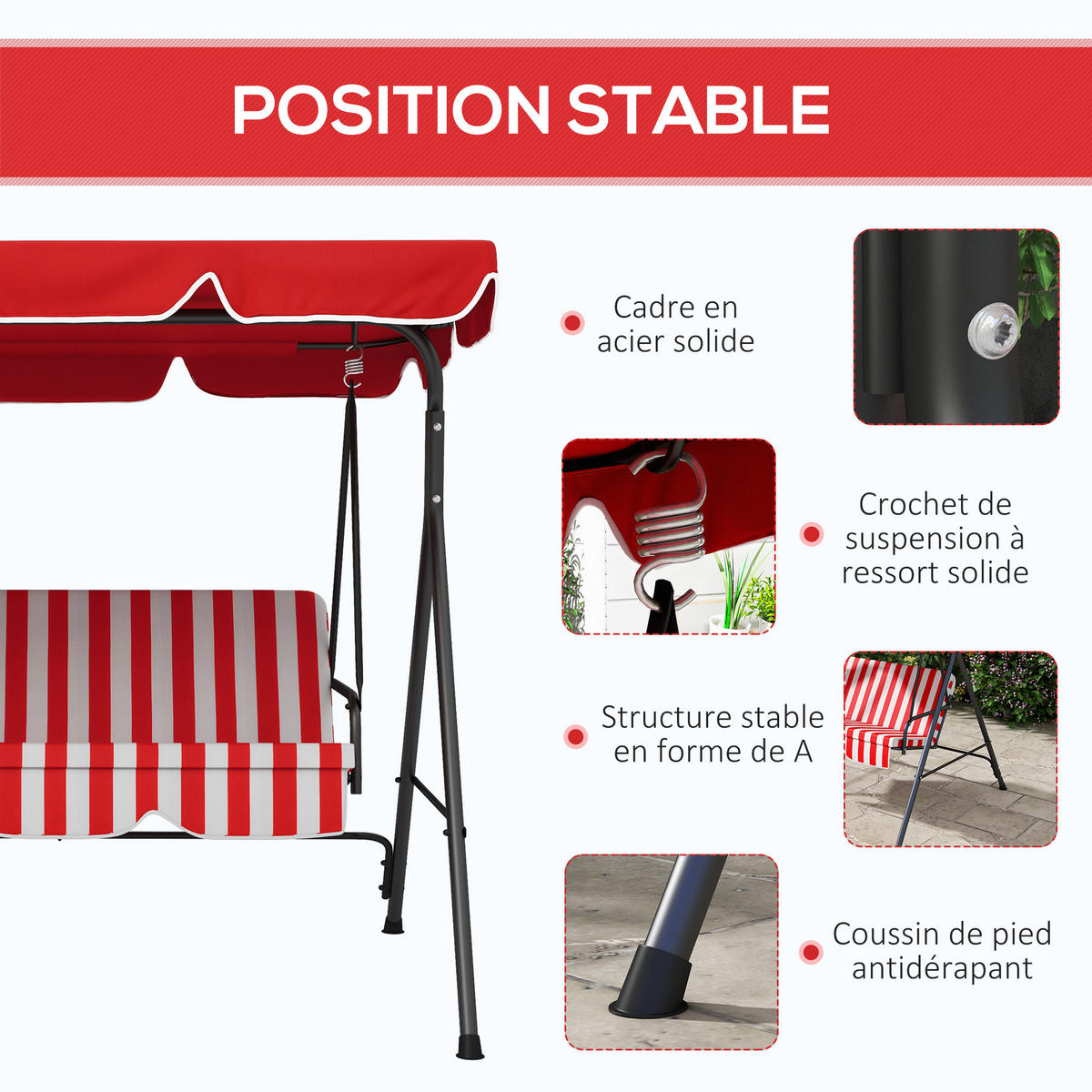 HOLLYWOODSCHAUKEL DE-15264 3-Sitzer mit verstellbarem Dach Rot - Rot, Metall (110/153/172cm) - ComfortXL