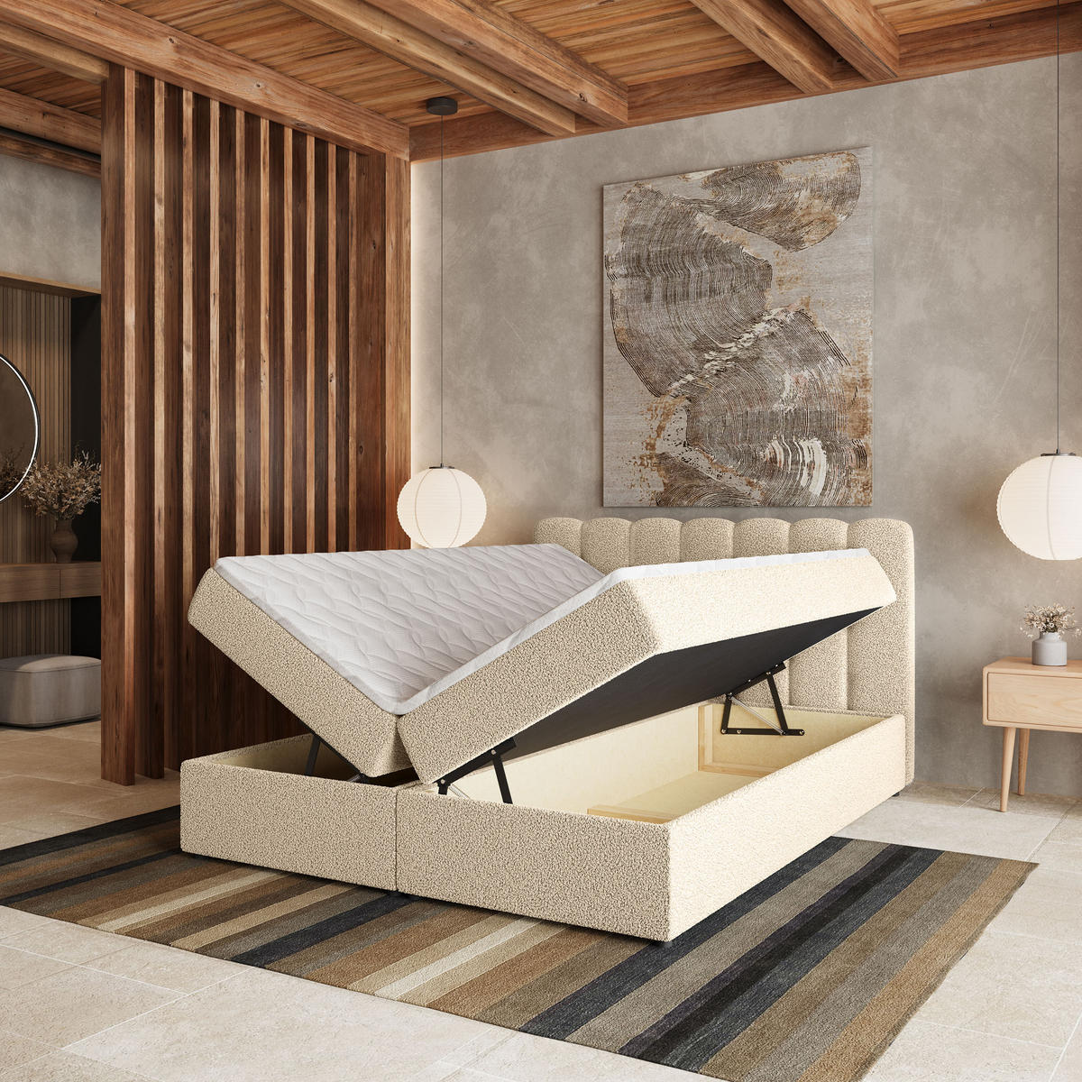 BOXBETT SOLIA 180x200 cm mit Matratze und Topper, H2+H3 - Creme - Creme, Holz (180/200cm) - MASSENO