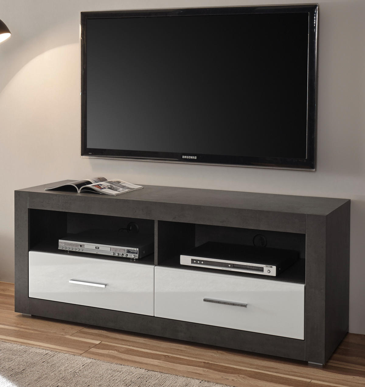 TV-LOWBOARD weiß Hochglanz, grau Stone, TV Unterteil mit Komforthöhe 150 cm - Chromfarben/Weiß Hochglanz, Holzwerkstoff/Kunststoff (150/61/45cm) - Furn.Design