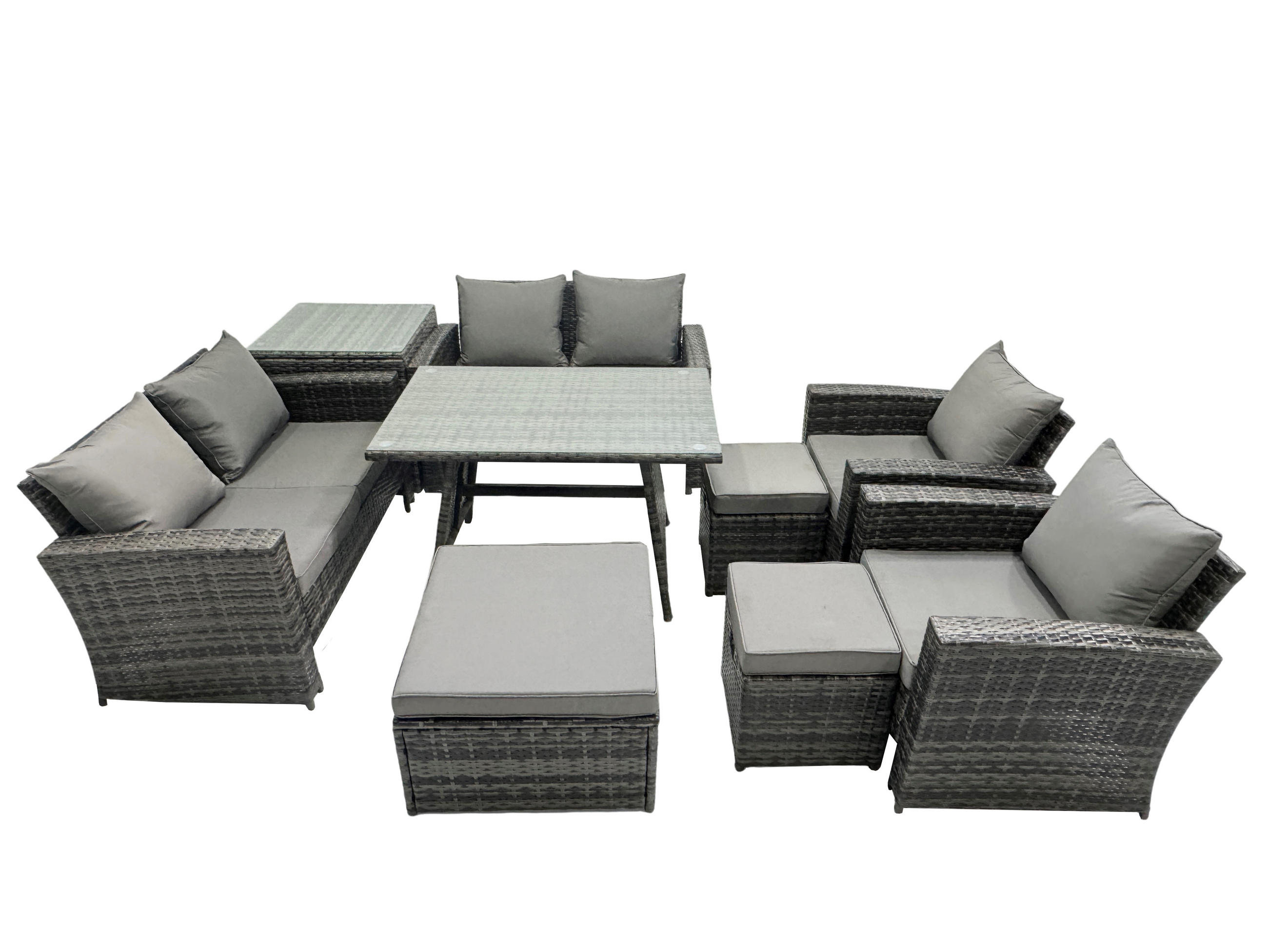 GARTENMÖBELSET mit ESSTISCH,HOCHLEHNER-SOFA Polyrattan Dunkelgrauer Mix 9-Sitzer - Dunkelgrau/Grau, Glas/Kunststoff - Fimous