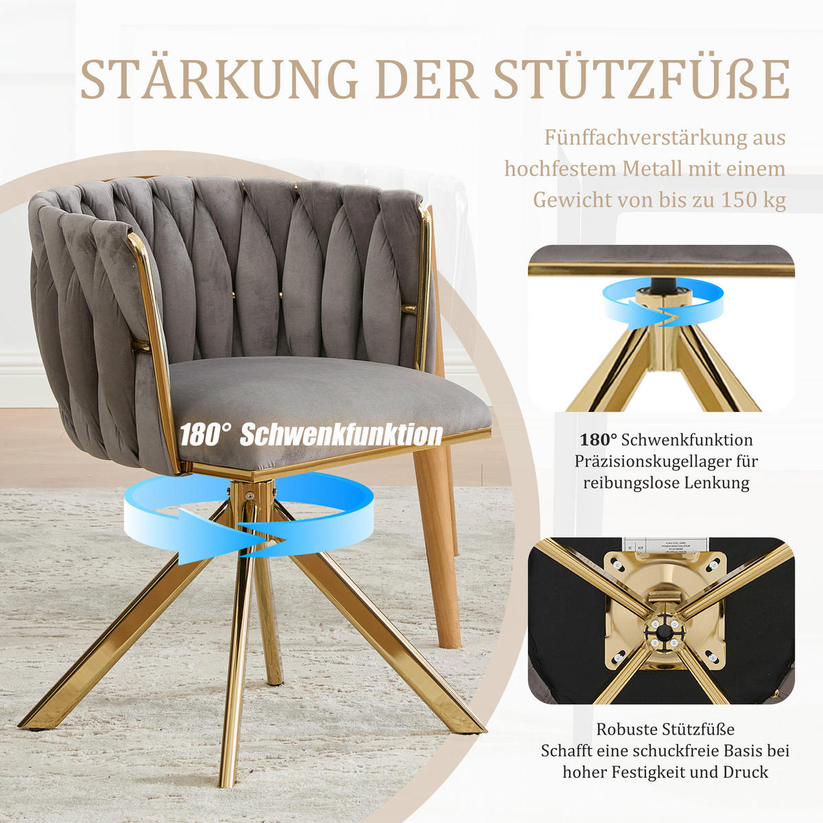 ARMLEHNSTUHL(SET à 2 Stück) mit Metallgestell - ergonomische Rückenlehne und 180° Schwenkfunktion - Dunkelgrau - Grau, Textil/Metall (50/70/56cm) - KOMHTOM