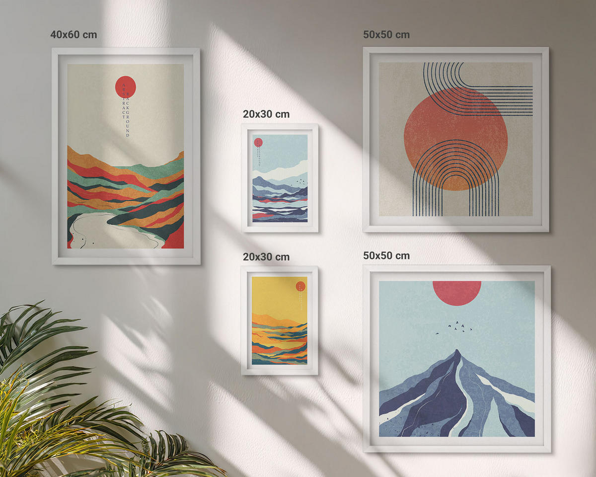 BILDER SET 5er Set - 50x50 cm & 20x30 cm & 40x60 cm Weißer Rahmen - Pastellfarbene Berge im Japandi-Stil - Weiß, Kunststoff (40/60cm) - TULUP