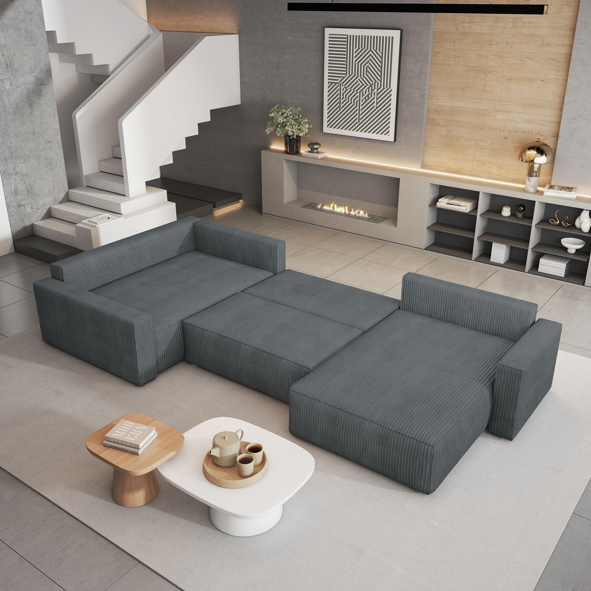 WOHNLANDSCHAFT VELAMI L-S Grau Kordstoff mit Schlaffunktion - Grau, Holz (365/83/194cm) - MASSENO